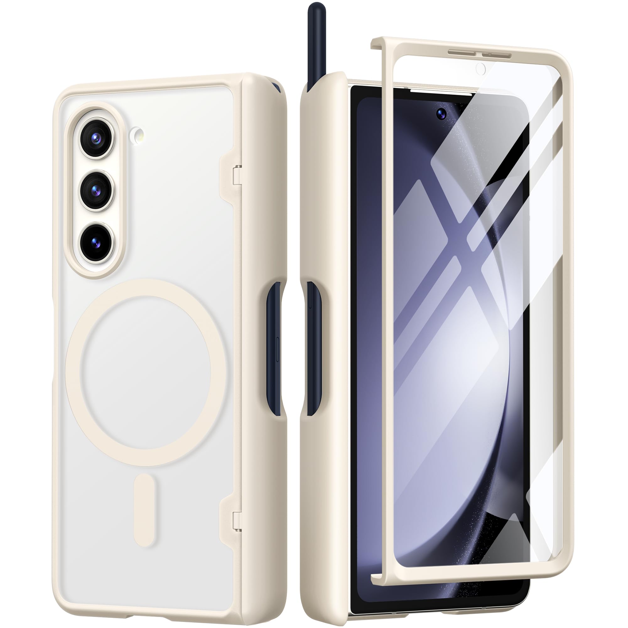 MOBOSI for Z Fold 5 Case Magnetic Hinge Coverage Protection, [Fold 5 Edition S Pen Holder], Compatible with Magsafe, Front Screen Protector Full Body Phone Case for Samsung Galaxy Z Fold 5, Beige