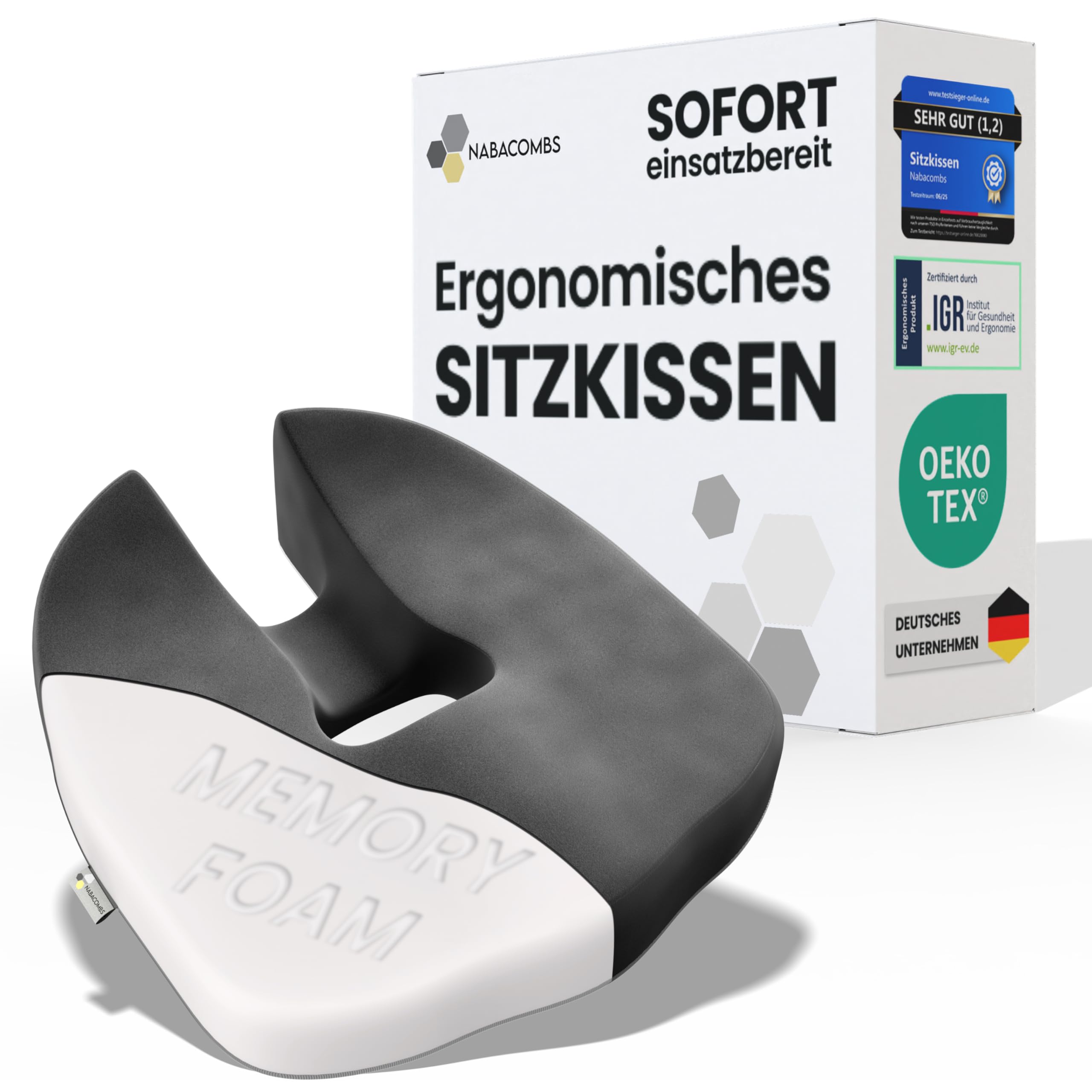 Orthopädisches Sitzkissen – Ergonomisch, Memory Foam, entlastet Steißbein & Rücken, sofort einsatzbereit – IGR-zertifiziert & Oeko-Tex geprüft, ideal für Büro, Auto, Reisen & Schwangerschaft