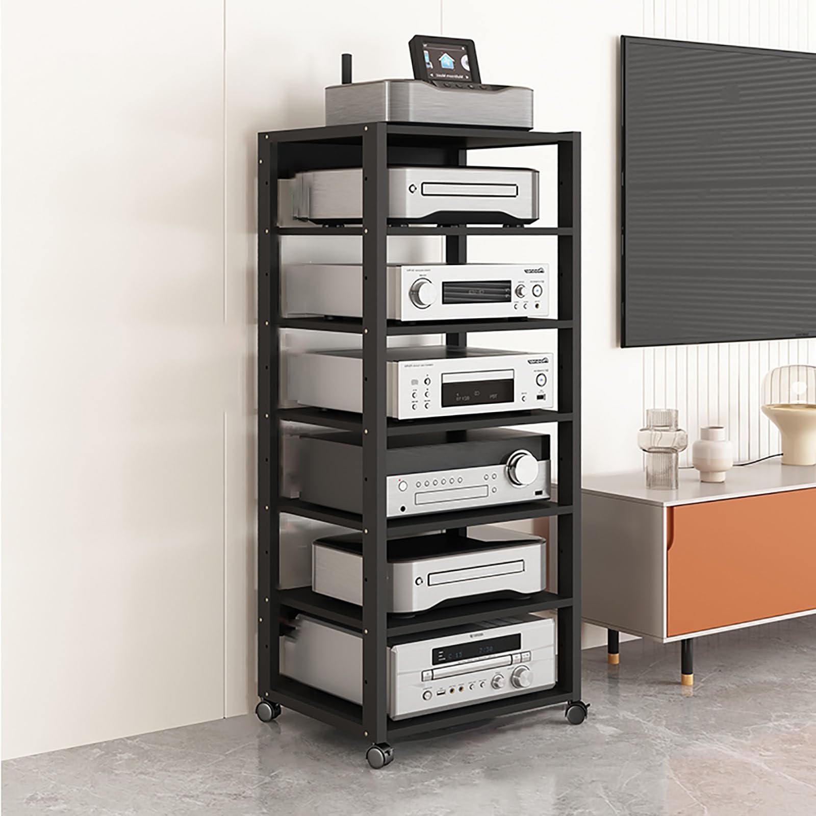 Supporto per console di gioco moderno Mid-Century, torre e mensola per DVD, mensola angolare per soggiorno e giradischi da gioco (50,2 x 40 x 131 cm)
