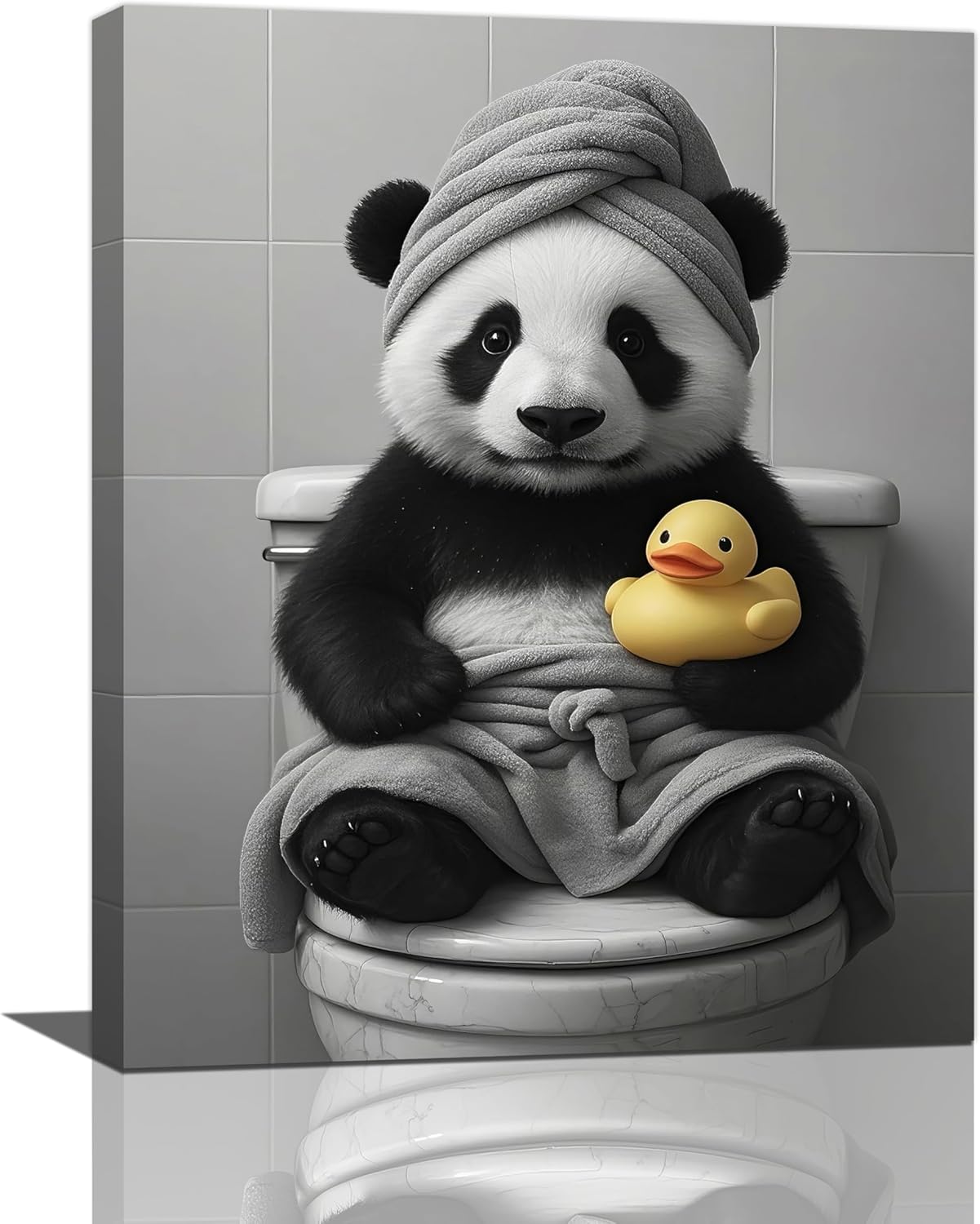 Funny Bathroom Panda Wall Art Black and White Bathroom Canvas Painting Cute Panda Duck Pictures Decoration Framed Artwork Gifts for Women Girl Toilet Restroom Home 12"x16"