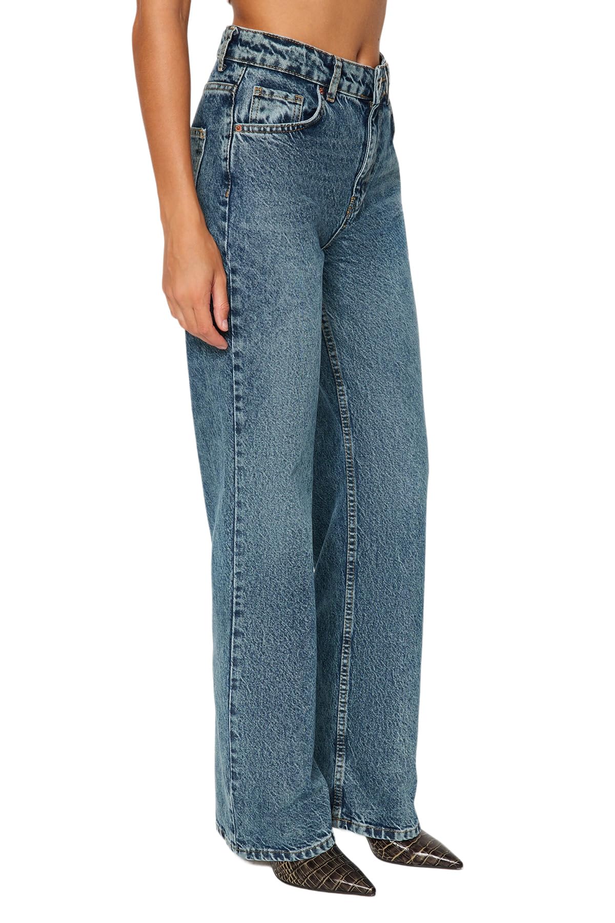 Trendyol Blue Pale Effect Vintage High Waisted Wide Leg Jeans Twoaw24je00089 - Dżins Kobiety