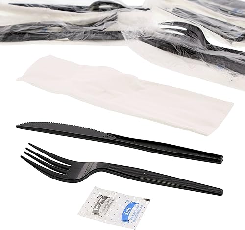 AmerCare Kit de comida de cinco piezas con paquetes de sal y pimienta, servilleta de 2 capas de 13 x 17 pulgadas, y tenedor y cuchillo de peso
