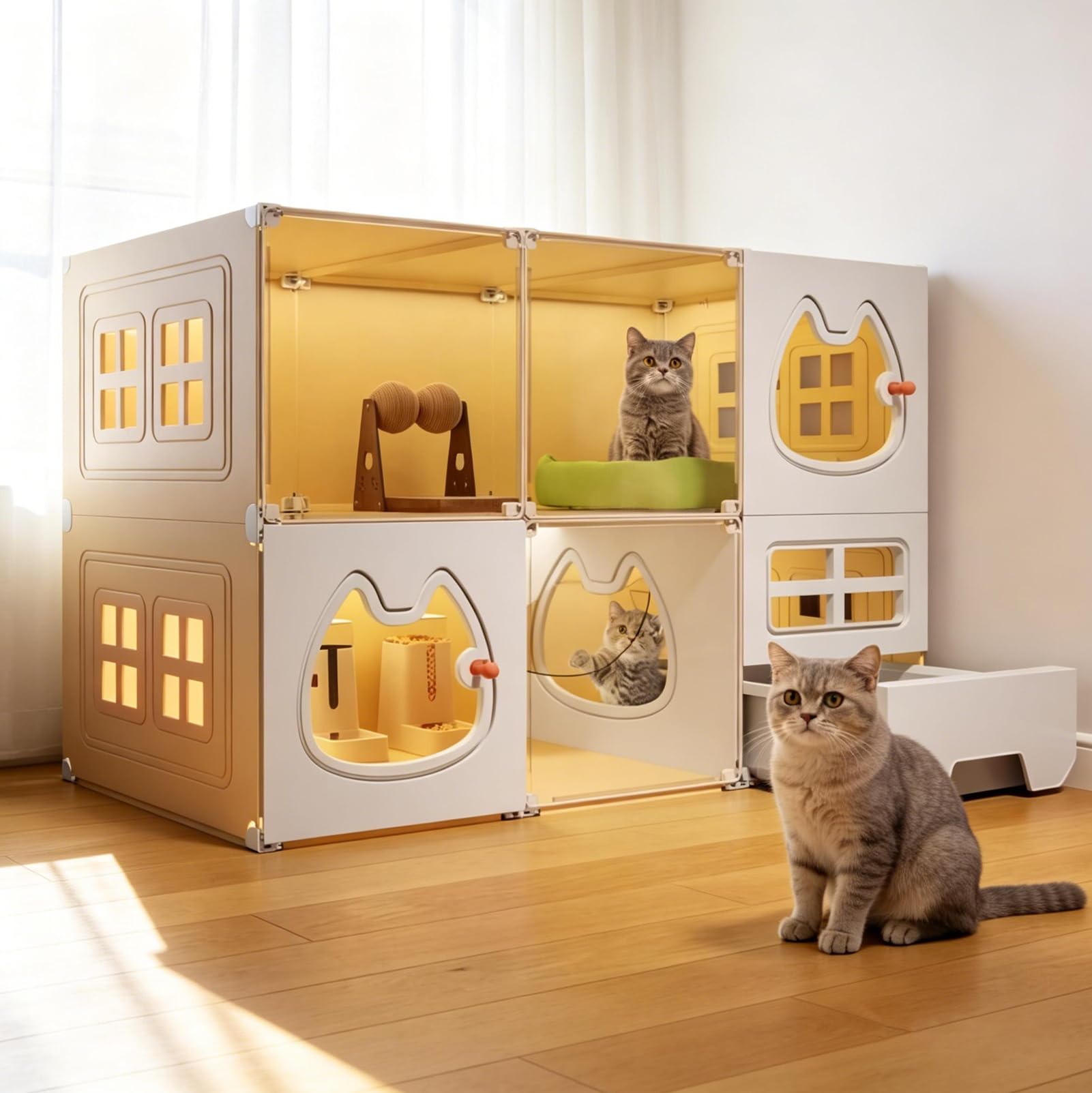 Jaulas para Gatos de 2 Niveles para Interiores Grandes con Inodoro para Gatos, Jaula para Gatos Grande, Paneles de Valla de Jaula para Gatos, Corral de Juegos DIY para Gatos, Recinto para Gatos en