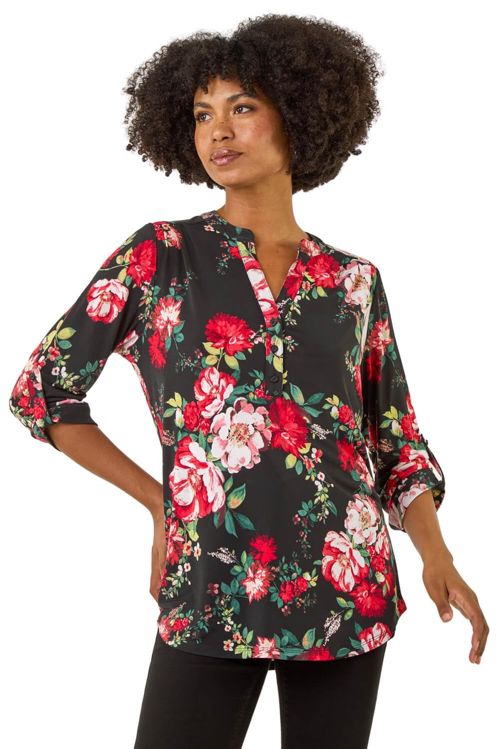 Roman Shirt for Women UK Ladies Top Collarless Blouse Stretchy Tunic Smart Casual Autumn Winter Jersey 3/4 Length Sleeve Notch V Neck Flattering Office Work