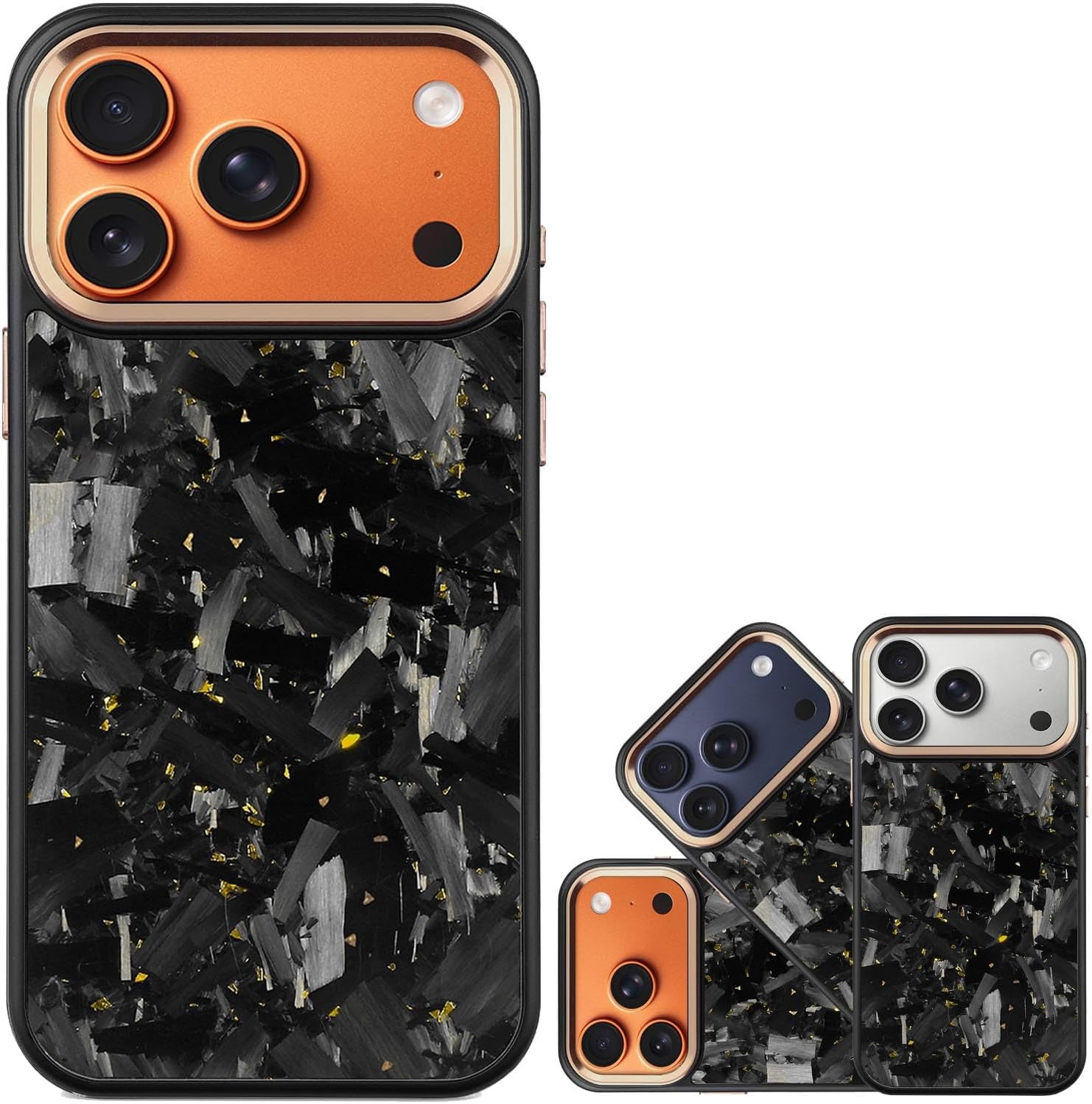 Forged Carbon Fiber Phone Case, Color Clash Design, Aluminum Alloy Camera Protection Frame, for iPhone 17 16 15 14 13 12 11 Series, for Magsafe Wireless Charging (Gold,iPhone 17ProMax)