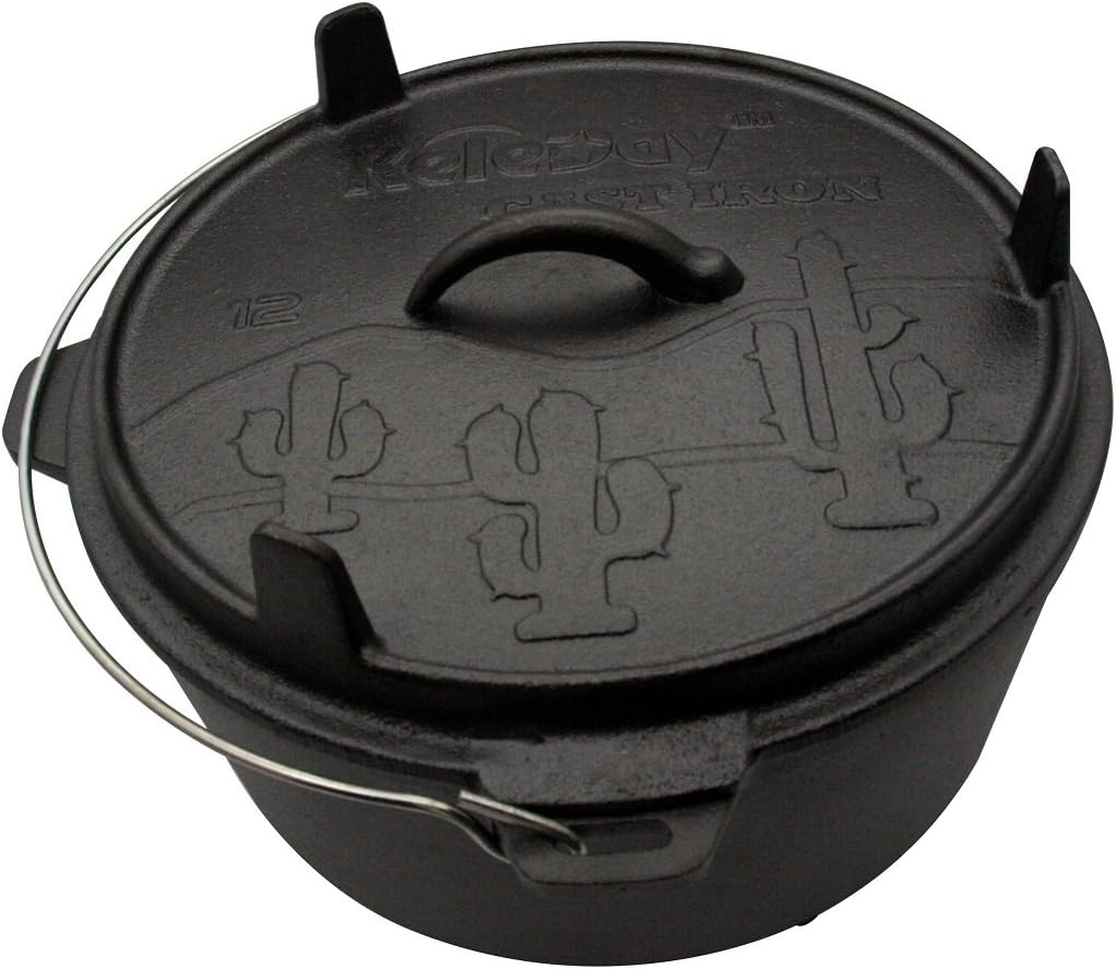 Pre-Seasoned HomeVss Embossed Cactus Cast Iron Camp Dutch Oven 4 Quart-10 Inch-Black