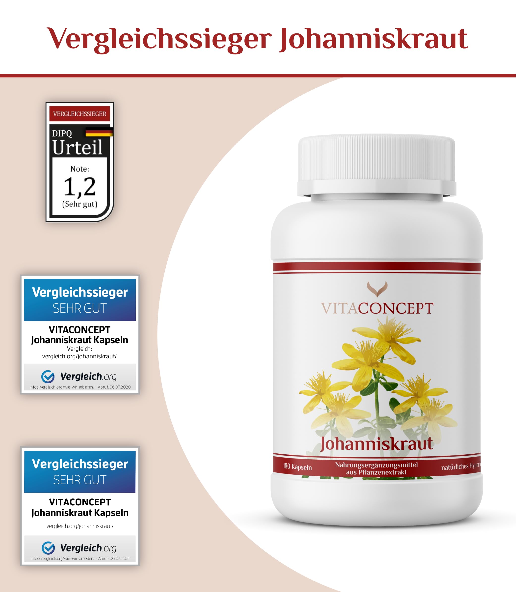 Johanniskraut Extrakt I 5000 mg pro Kapsel I inkl. natürlichem Hypericin und Hyperforin I zertifiziert laborgeprüft I 180 Kapseln I vegan I Vitaconcept