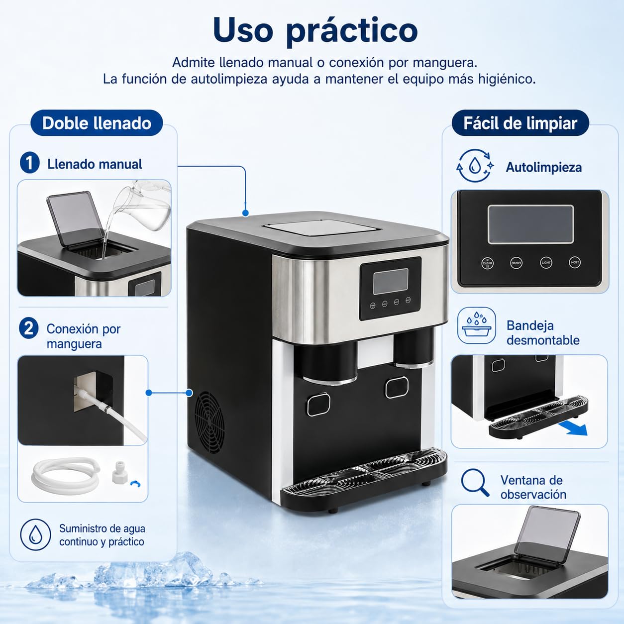 Macchina per cubetti di ghiaccio piccola 3 in 1, macchina per cubetti di ghiaccio con ghiaccio tritato, ghiaccio bullet e acqua fredda, autopulente, per casa, ufficio, gastronomia