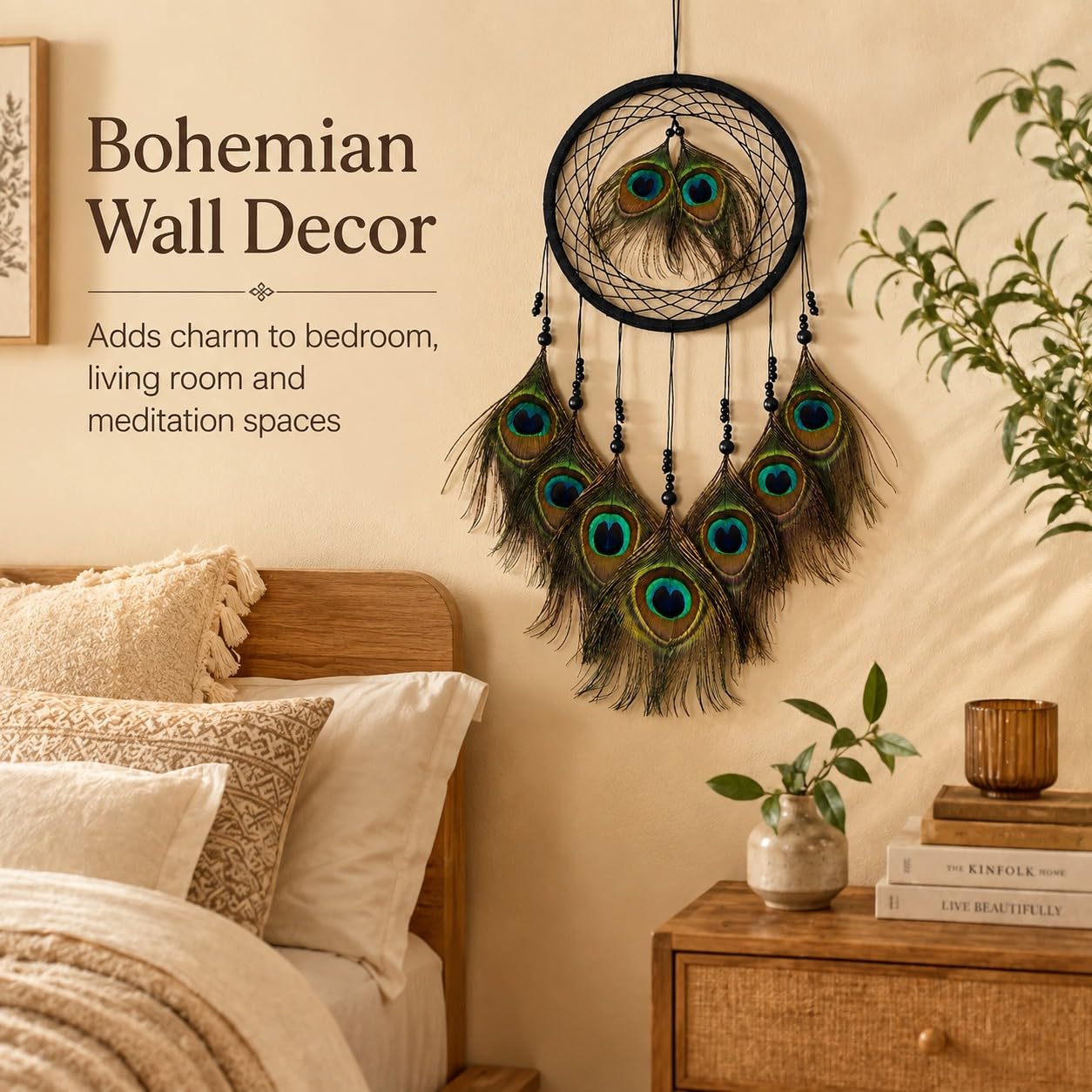 Mehruna Dream Catchers Wall Hangings for Home Decor Bedroom Livingroom Balcony Handmade Dreamcatcher for Positivity Peacock Feathers Wall Decoration Items for Kids Room (22L x 45H cm, Pack of 2) 2