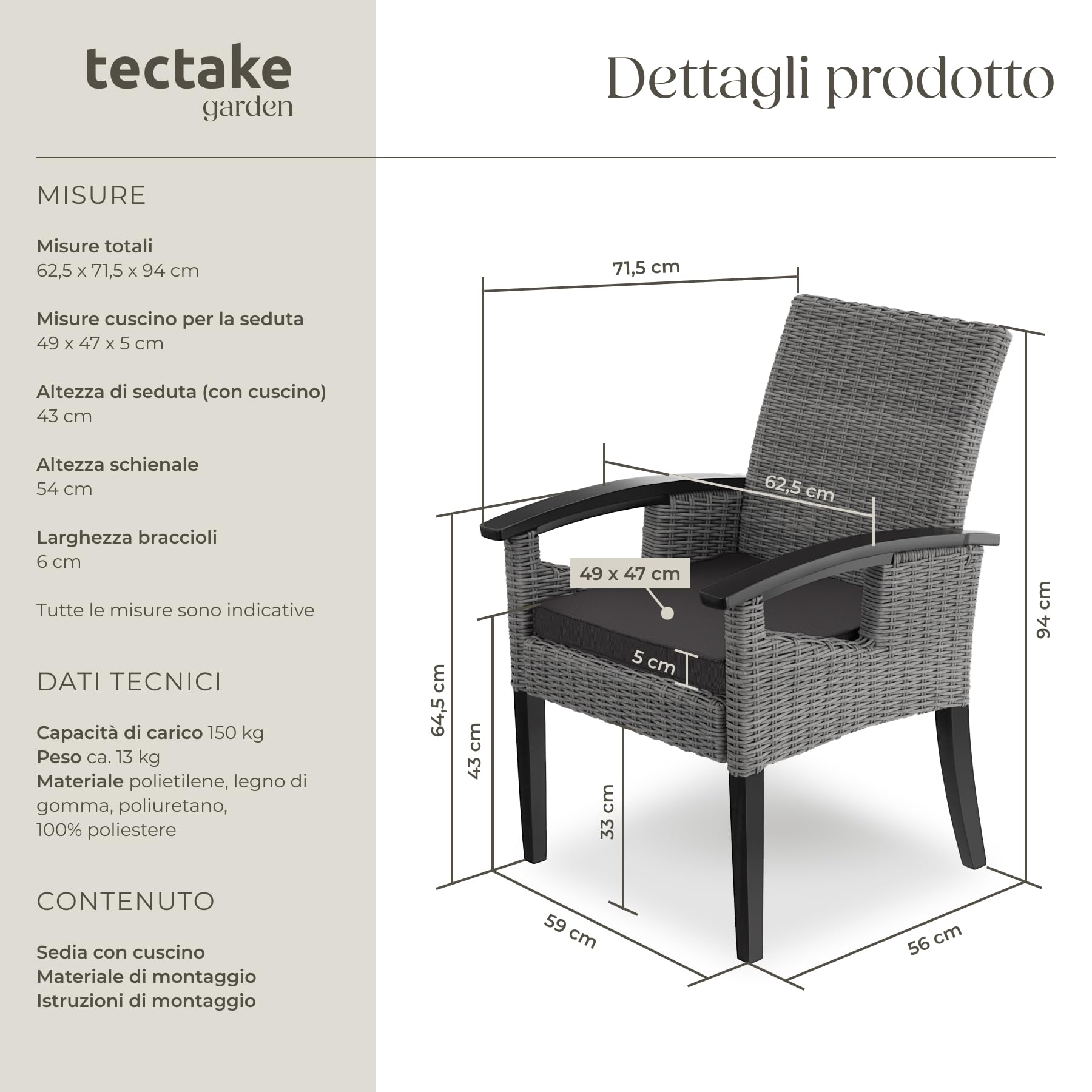 tectake® Sedia in Rattan Rosarno, Poltrona Giardino, Estetica Naturale, Resistente agli Agenti Atmosferici, Poltroncina Esterno con Imbottitura Confortevole, per Esterno, Giardino, Balcone - Grigio