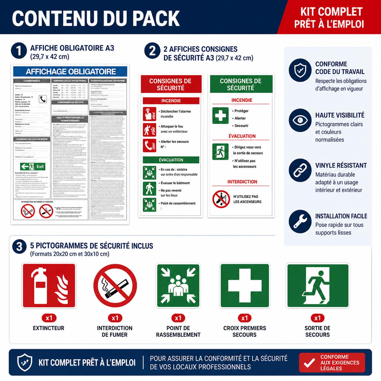 Lot 3 Pack Affichage Obligatoire Entreprise A3 + Consignes de Sécurité + Pictogrammes Sécurité 20x20 + Sortie de Secours 30x10 – Conforme Code du Travail – Vinyle Résistant