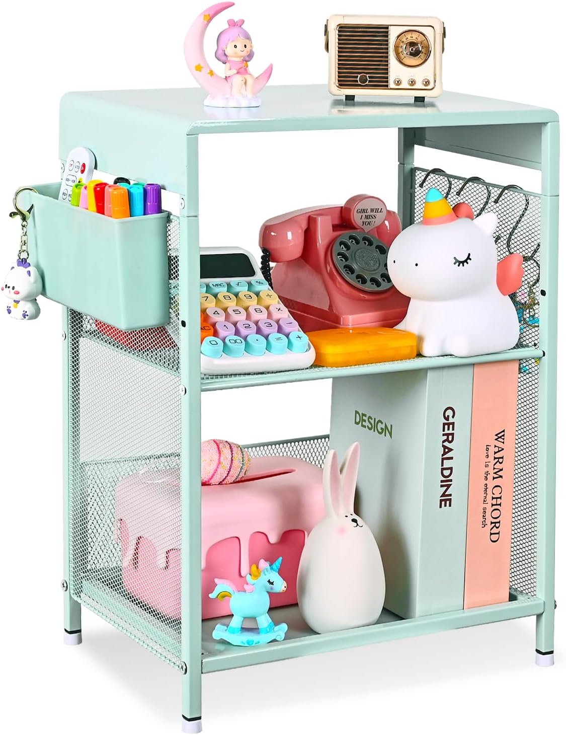 Nightstand, End Table with Hooks and Holder, Kids Nightstand for Bedroom, Toddler Bedside Table, Small Pink Desk for Girls, Coffee Table for Living Room, Dorm, Office (Mint)