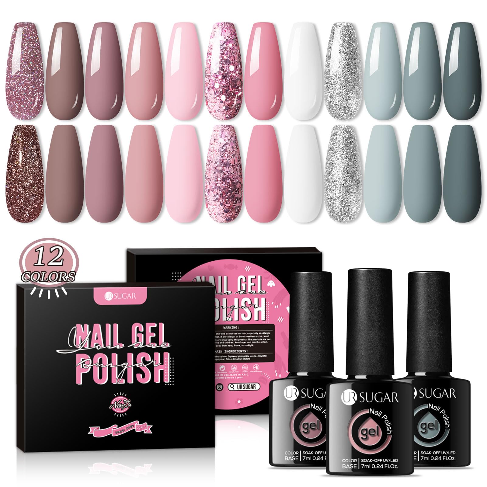 UR SUGAR 7ML Esmaltes Semipermanentes 12 Color Gris Rojo Rosa Nude, Gel Uñas UV LED Pintauñas Semipermanente para Uñas Pastel, Gel Nail Polish Colores Otoño e Invierno Manicura