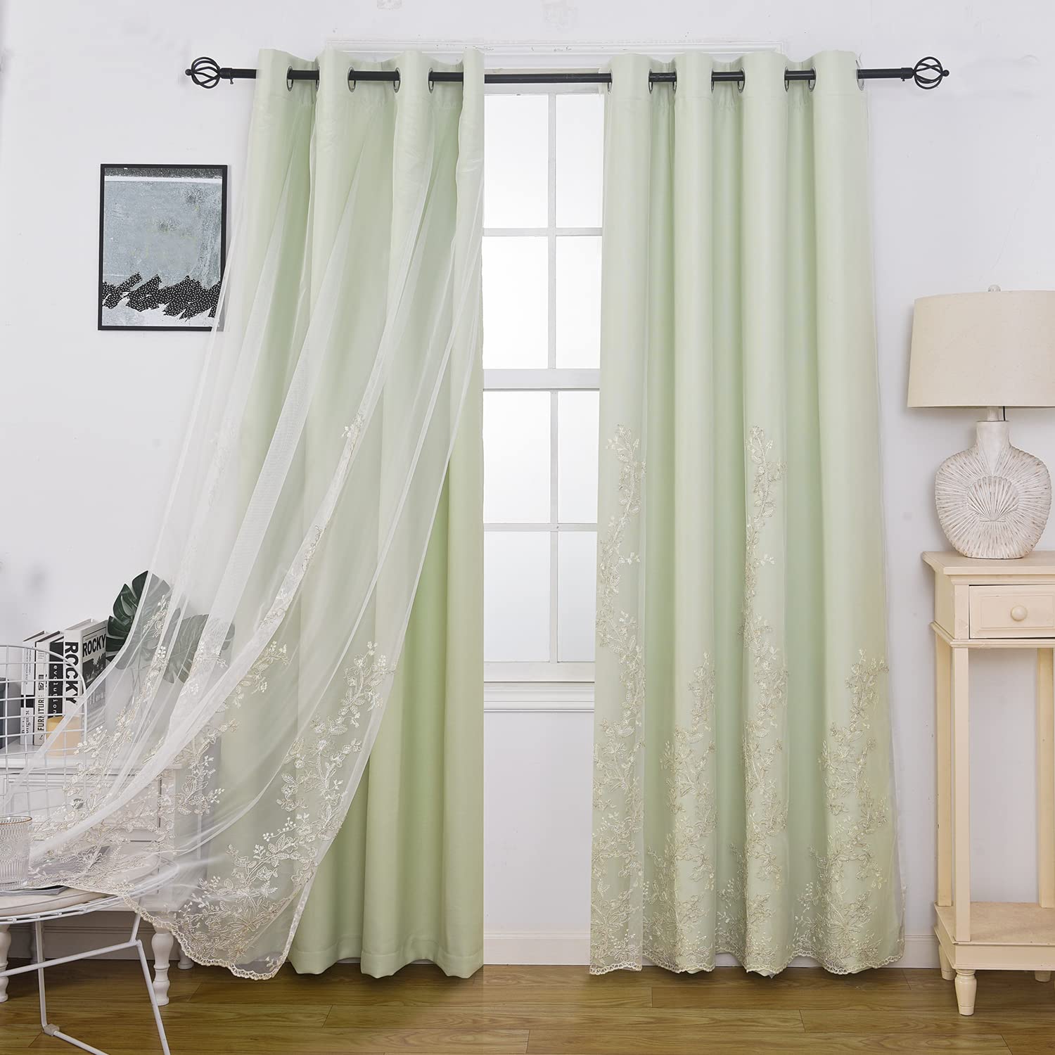 GYROHOME Soild Curtains with Embroiered White Sheer Voile, Double Layered Mix and Match Curtains Grommet Top Drapes for Bedroom,Living Room,2Panels,