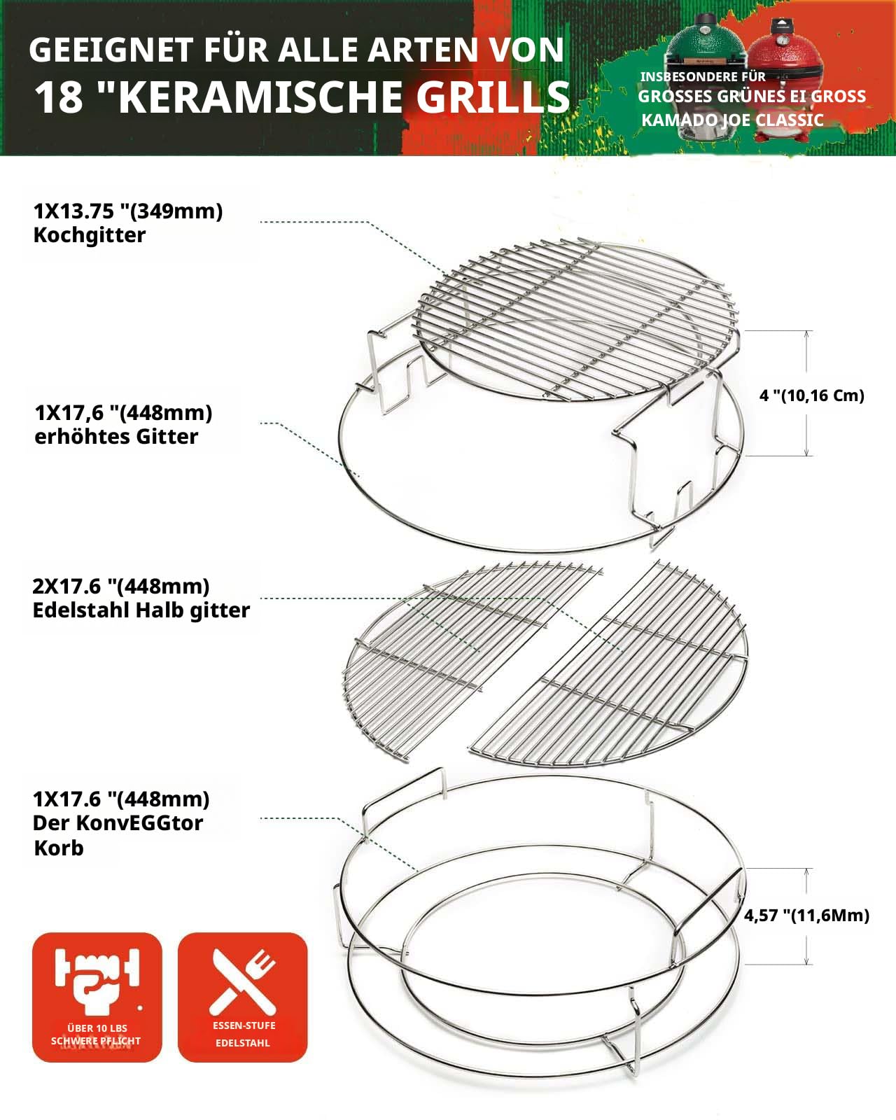 5-teiliges Edelstahl-EggSpander-Kit für Big Green Egg Large,3-Ebenen Stapelbare Grillroste + Conveggtor-Korb + 2 Halbmond-Roste,Über 40 Grillmodi & Kreatives Kochen,Langlebig,Verformungsfrei