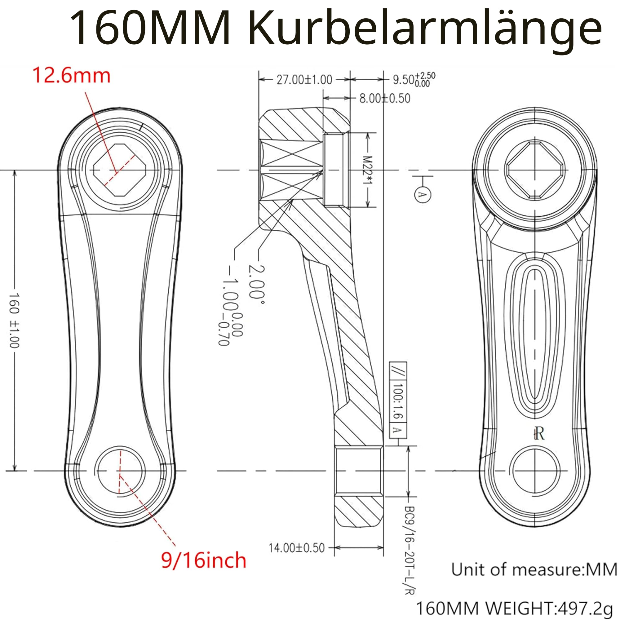 Universal-Fahrrad-Kurbelarme, 89 mm/102 mm/114 mm/127 mm/140 mm/152 mm/160 mm/165 mm/170 mm/175 mm, erhältlich in Diamantloch, Fahrrad-Kurbelarm für Citybike, Klapprad, MTB, E-Bike,