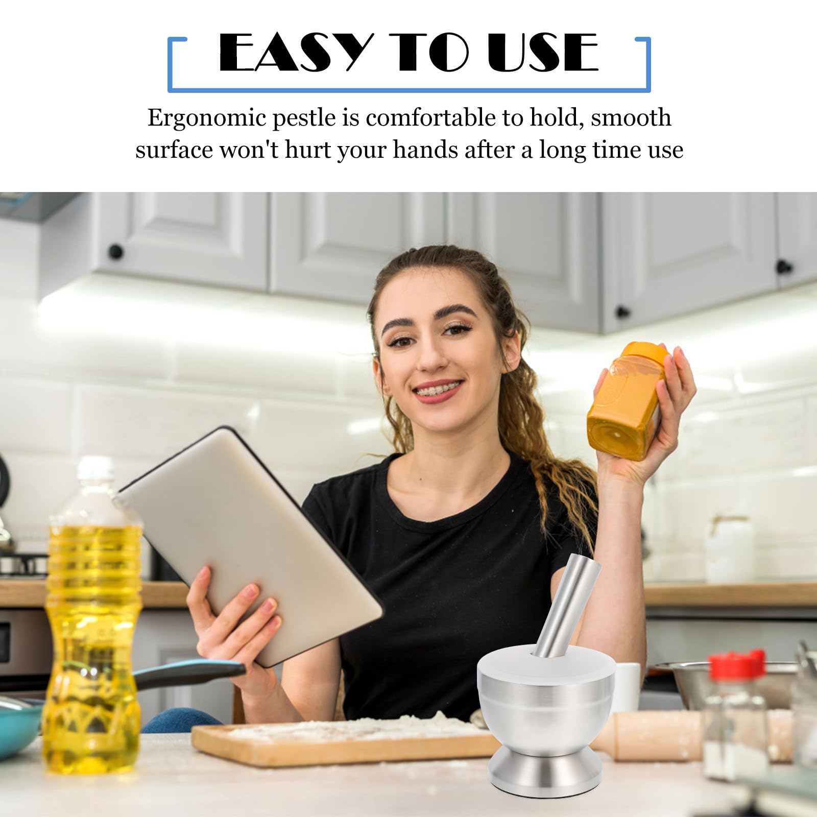 ULTECHNOVO Mortaio in Acciaio Inossidabile per Cucina, Schiaccia Aglio Grande Design Ergonomico, Facile da Conservare, Utile Gadget da Cucina per Miscelare Spezie