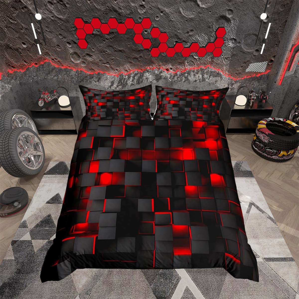 richhome Red and Black Bedding Duvet Cover Set Double Size Light Geometric Bedding Set for Kids Boys Girls Decor Comforter Cover Set Modern Bedspread Cover — image 1