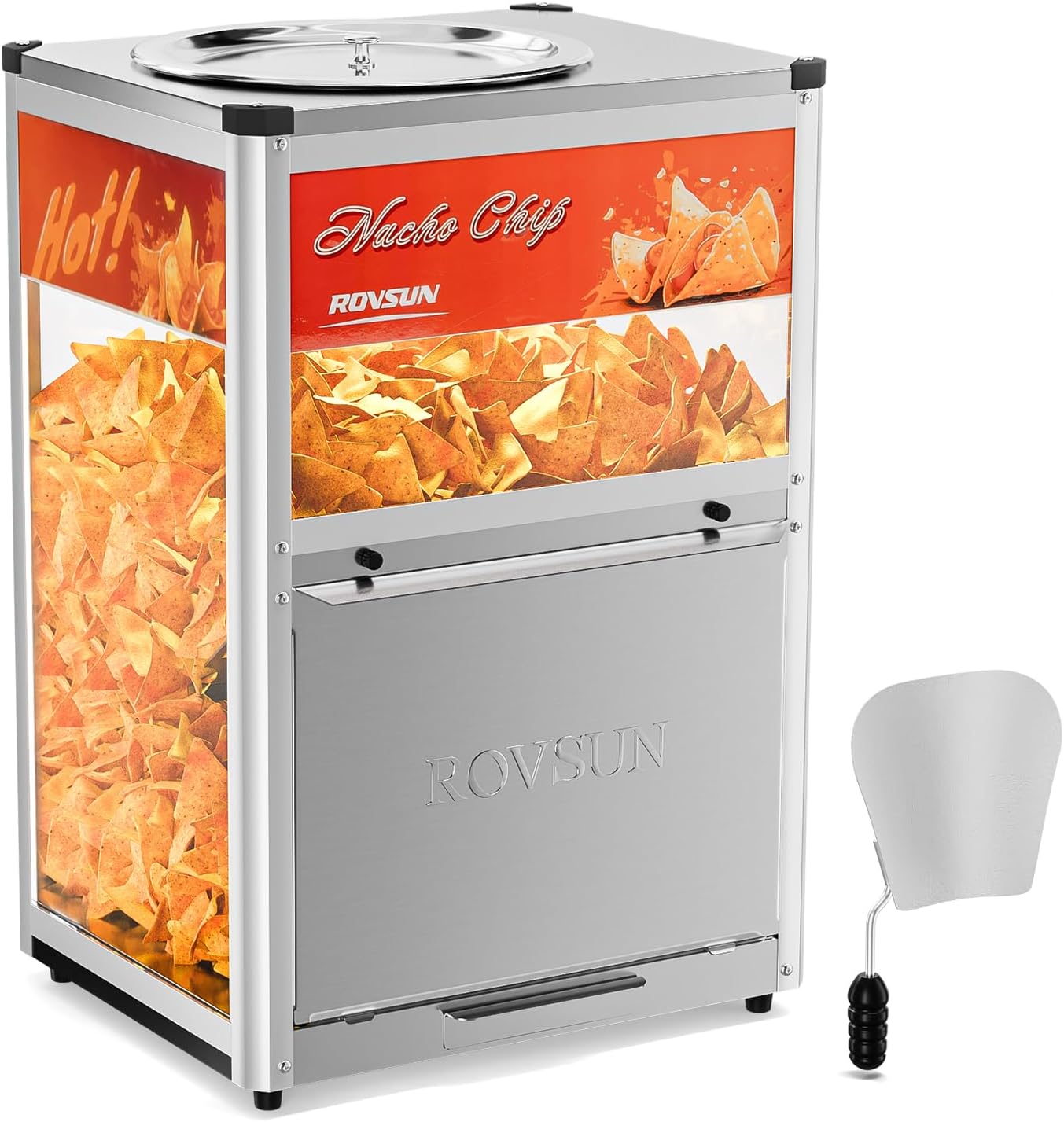 ROVSUN Nacho Machine Food Warmer, Nacho Chip Warmer Countertop Display Case with Warming Light, Removable Deflection, Glass Door, Scoop for Nacho Chips Peanuts Popcorn Stainless Steel
