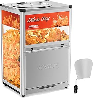 ROVSUN Nacho Machine Food Warmer, Nacho Chip Warmer Countertop Display Case with Warming Light, Removable Deflection, Glass Door, Scoop for Nacho Chips Peanuts Popcorn Stainless Steel