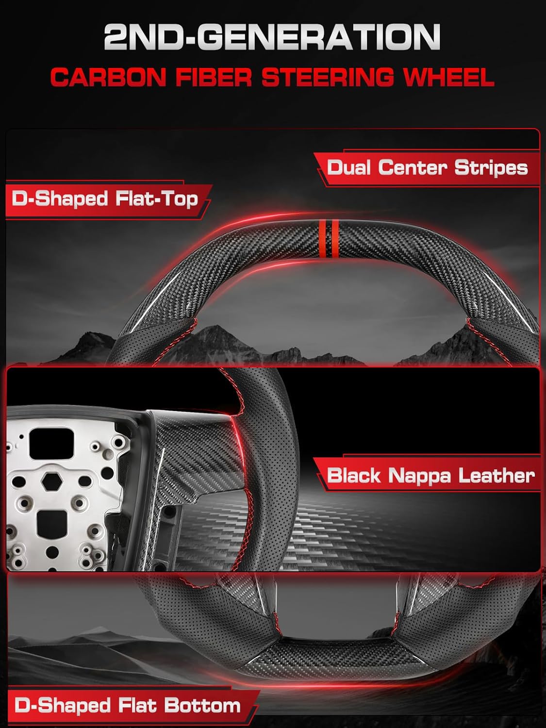 Real Carbon Fiber Steering Wheel for Ford F150 (2009-2014) & SVT Raptor (2010-2014), Double D-Shape, Dual Red Stripes & Stitching, Hand-Stitched Nappa Leather