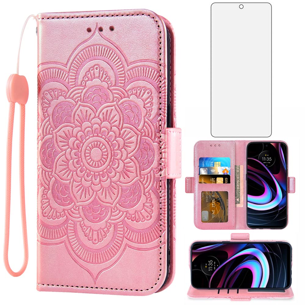 Asuwish Compatible with Motorola Moto Edge 2021/MotoEdge 5G UW Wallet Case and Tempered Glass Screen Protector Leather Flip Credit Card Holder Stand Cell Phone Cover for MotoEdge5GUW Women Rose Gold