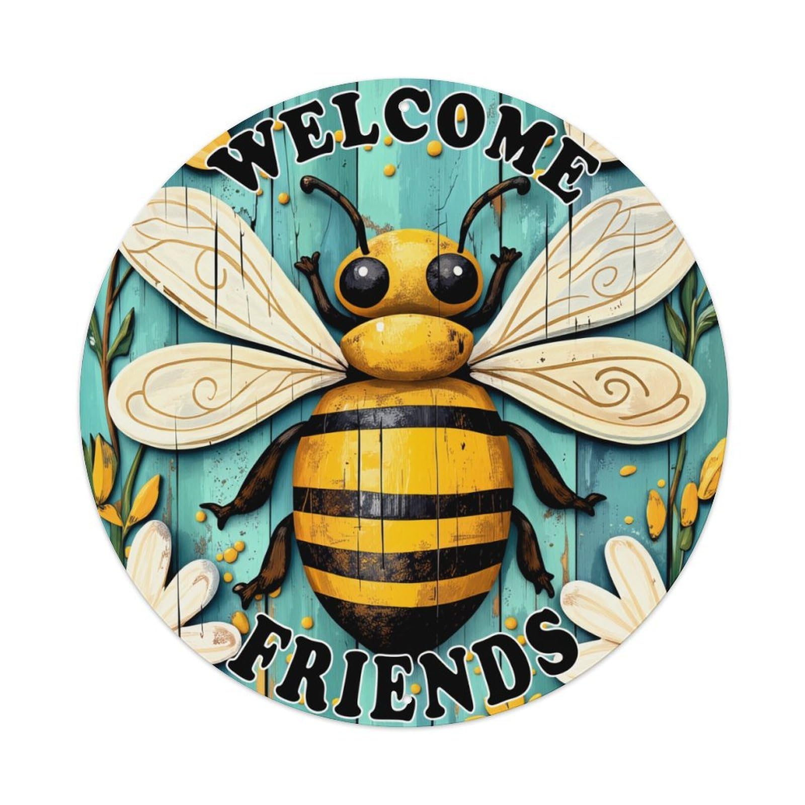 Welcome Bee Friends Pattern Print Round Tin Sign Retro Metal Sign for Cafe Bar Pub Home Game Room Gym Club Wall Decoration Vintage Metal Poster 8x8 Inch
