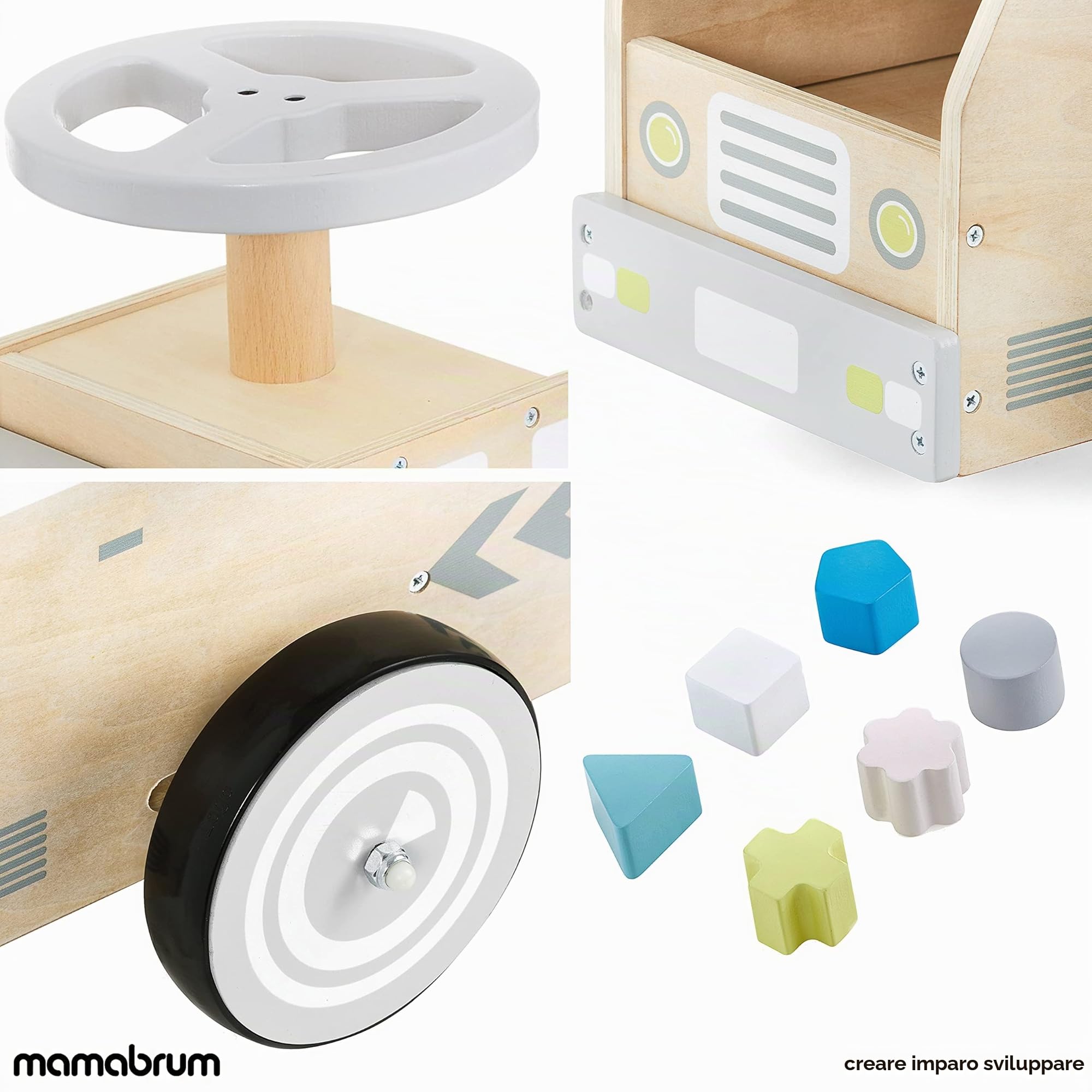 mamabrum Macchina in legno per bambini 2+ con blocchi inclusi – giocattolo educativo sicuro, ruote in gomma antiscivolo silenziose, design neutro unisex per interni ed esterni