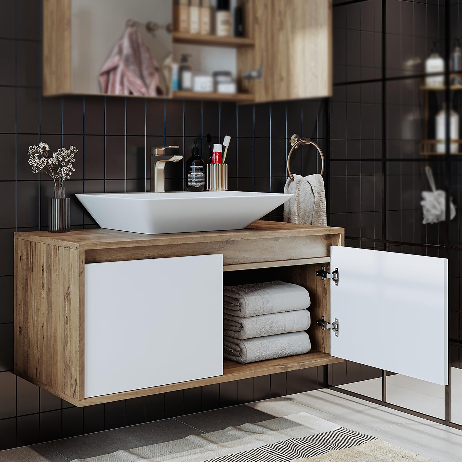 Roomart, Atlantic, armadietto da 100 cm con lavabo in ceramica, set di mobili da bagno, 4 pezzi, armadietto a specchio, armadio alto (rovere bianco)
