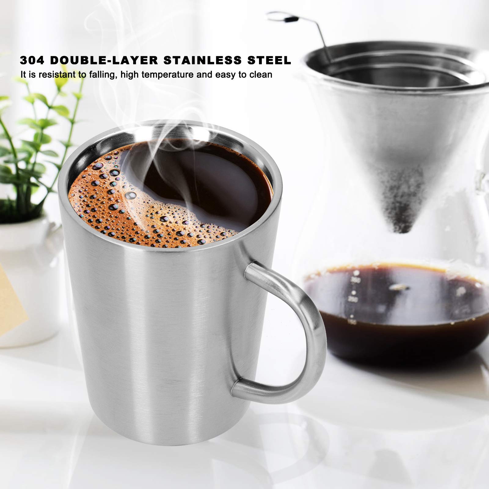 XHTLLO Stainless Steel Beer Mug, Double Wall Coffee and Water Cup with Handgrip, Drop Resistant, High Temperature Resistant Drinkware with Flat Finish (Stainless Steel Color)