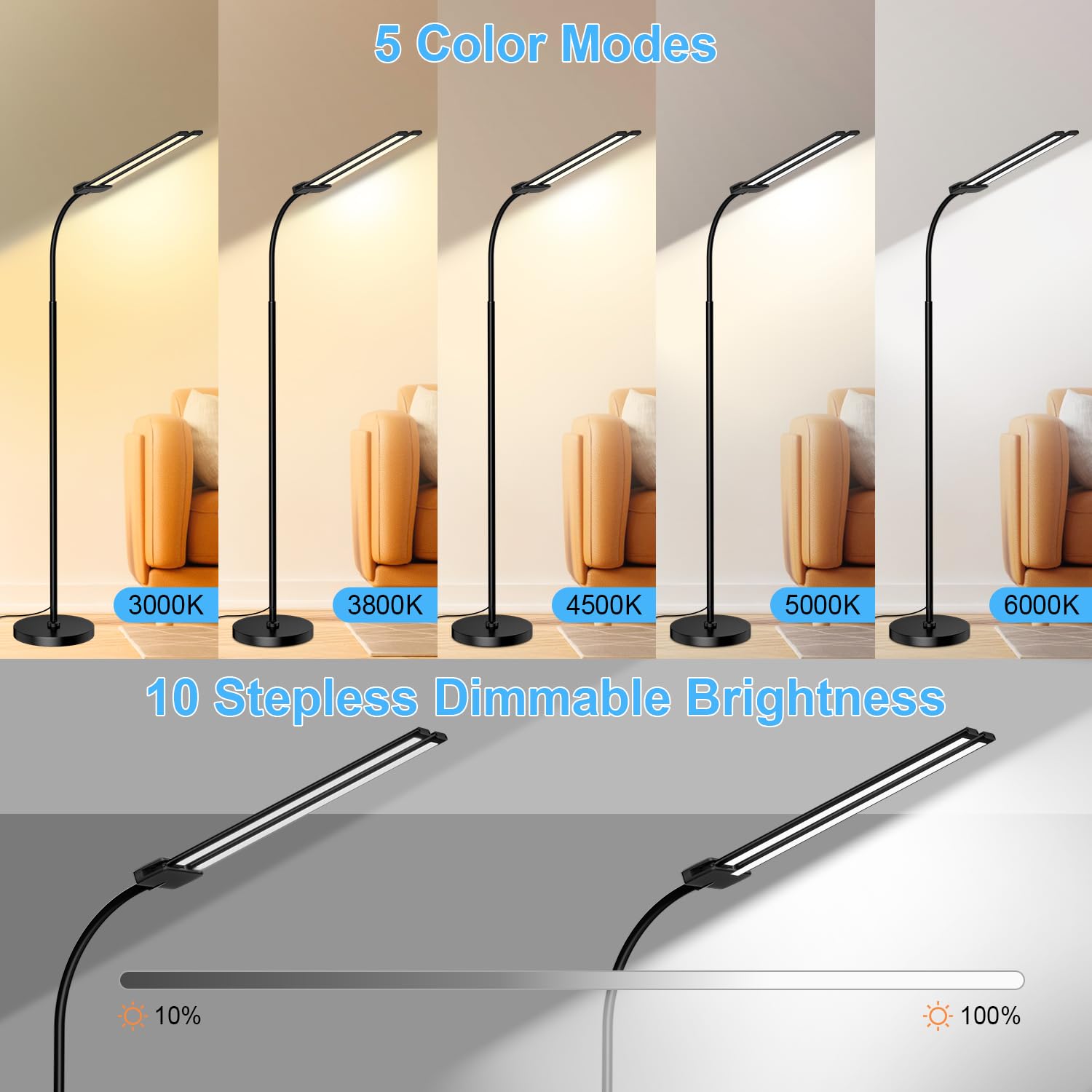 LED Dual Head Floor Lamp with 50 Light Mode, Dimmable Gooseneck Tall Standing Lamp with Remote & Gesture Control - Image 3