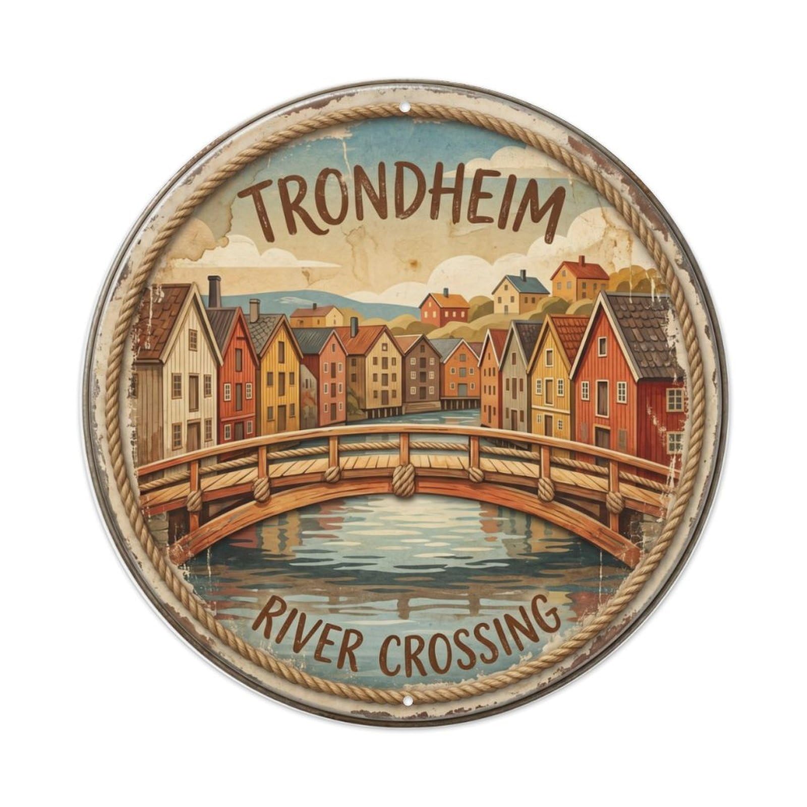 Vintage Travel Bridge Trondheim Nidelva Metal Tin Sign Plaque Wall Decor for Cafe, Club Bar, Office, Home Garden Round Metal Poster 8x8Inch