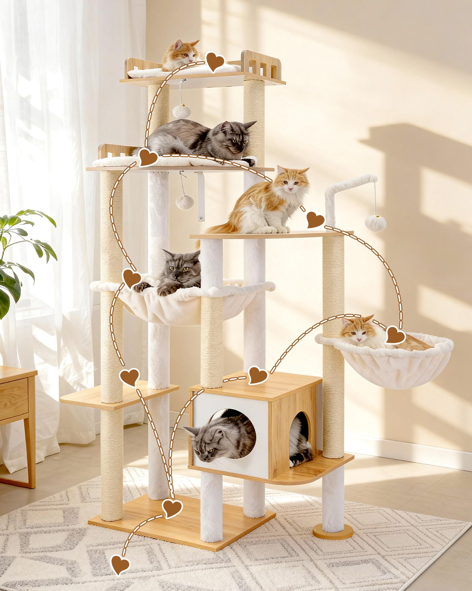 Heybly Árbol rascador para Gatos en Madera, 179 cm de Altura, con Plataforma Grande, Postes Rascadores de Sisal, Casita para Gatos y Hamaca, Construcción Robusta, Montaje Sencillo, Nogal HCT121WB