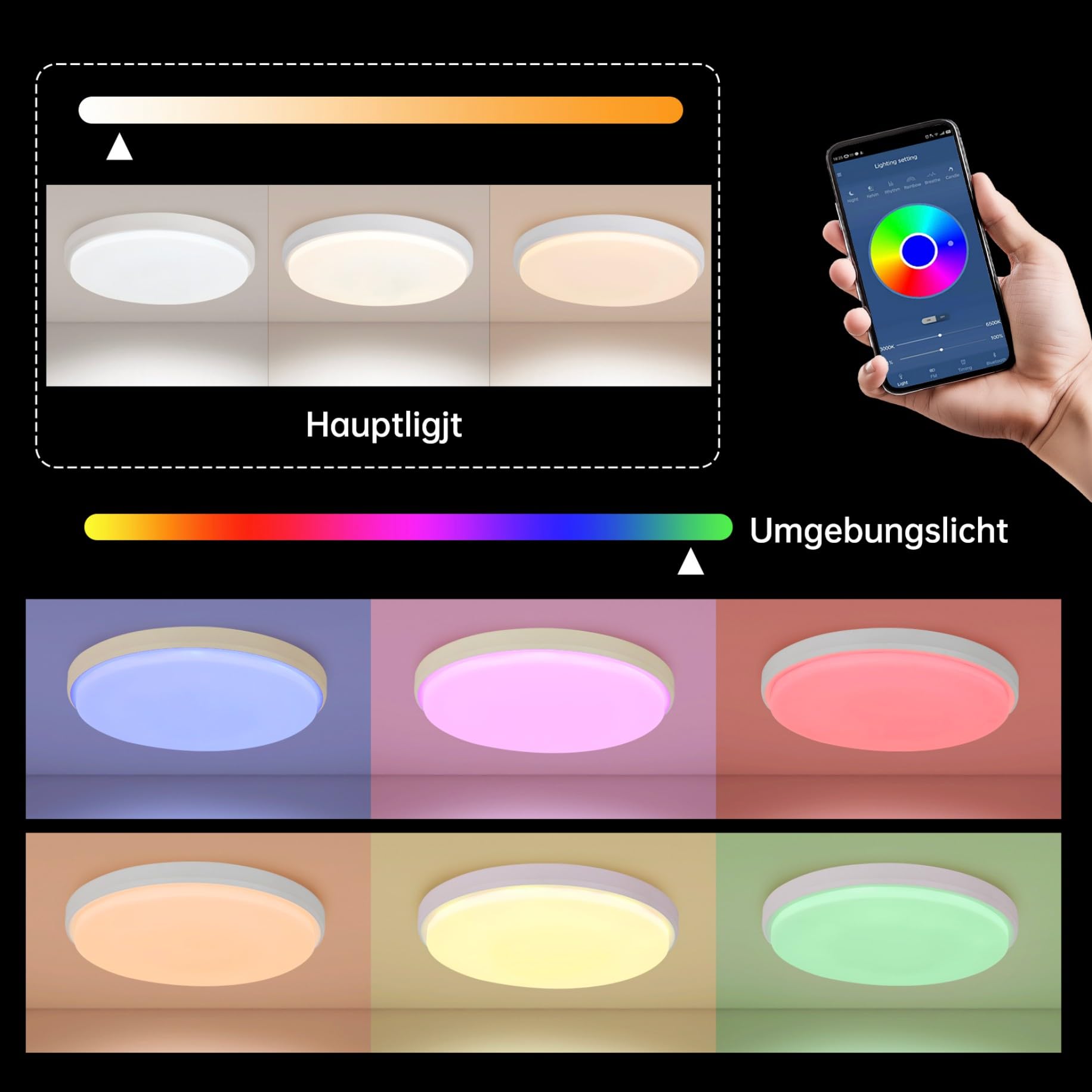 JDONG Plafoniera LED 24W Ø 30CM Cambia Colore Stellato Dimmerabile Bianco Caldo - Bianco Freddo 3000-6500 Kelvin Plafoniera RGB Compatibile con Amazon Alexa