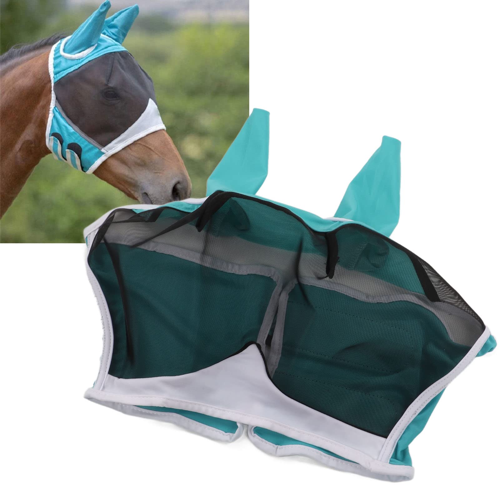 Masque Anti-mouches Pour Cheval – Vert, Taille L, Avec Oreilles, Respirant