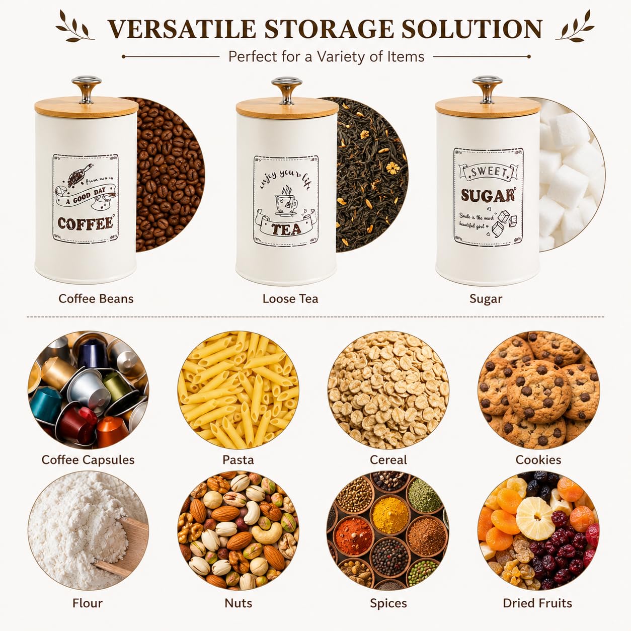 Set 3 Barattoli Rotondi per Conservazione, Contenitori Caffè in Metallo con Coperchio Ermetico Bambù, 800ml per Caffè, Tè, Zucchero, Organizzazione Cucina, 15.6x9.5 cm