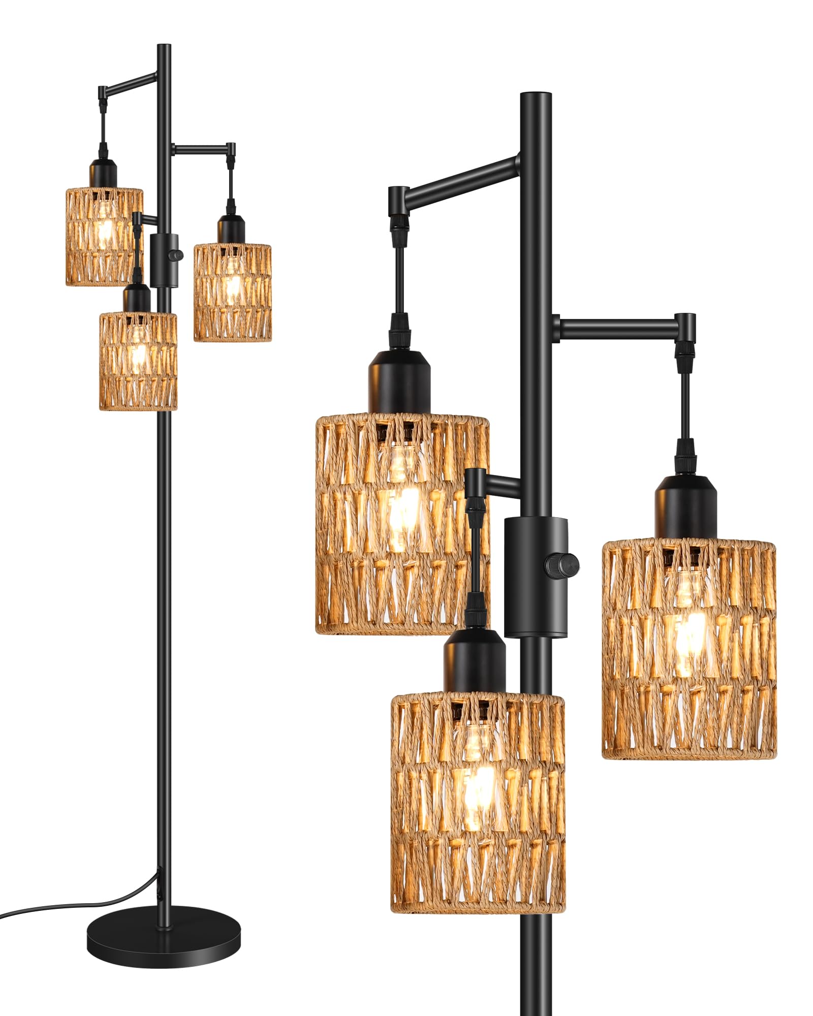 Dimmable Floor Lamp, Farmhouse Tall Standing Tree Lamp with 3 Rope Woven Lampshades, Boho Rattan Floor Lights, 4W 3 LED Bulbs Included, for Living Room, Bedroom, Study, Office B03LD05