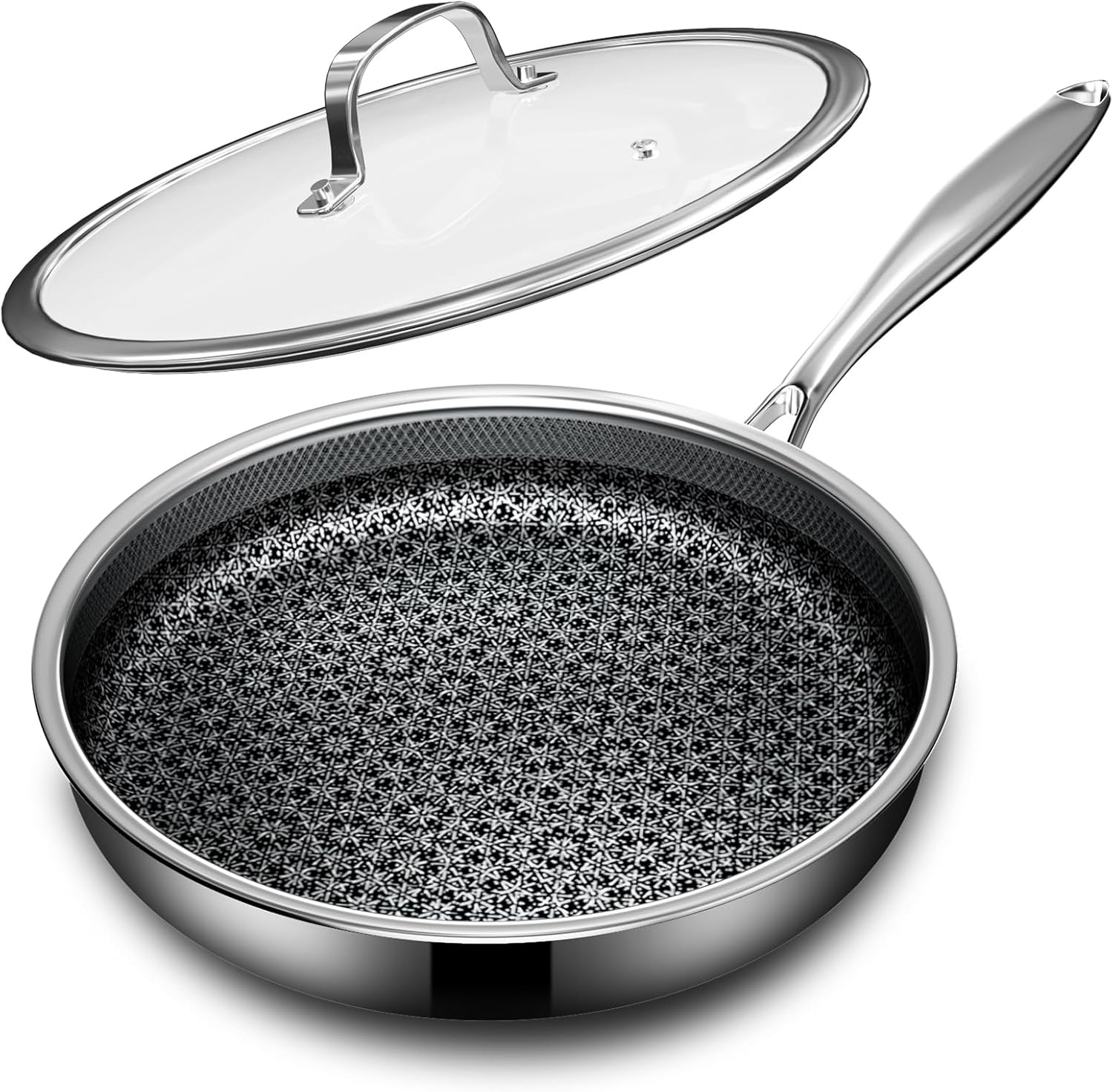 Non Stick Frying Pans with lid, 12 inch Hybrid Frying Pans Nonstick, non stick Stainless Steel Skillets, Dishwasher and Oven-Safe, nonStick Cookware, Induction Compatible Cooking Pan Pan + Lid 12-inch