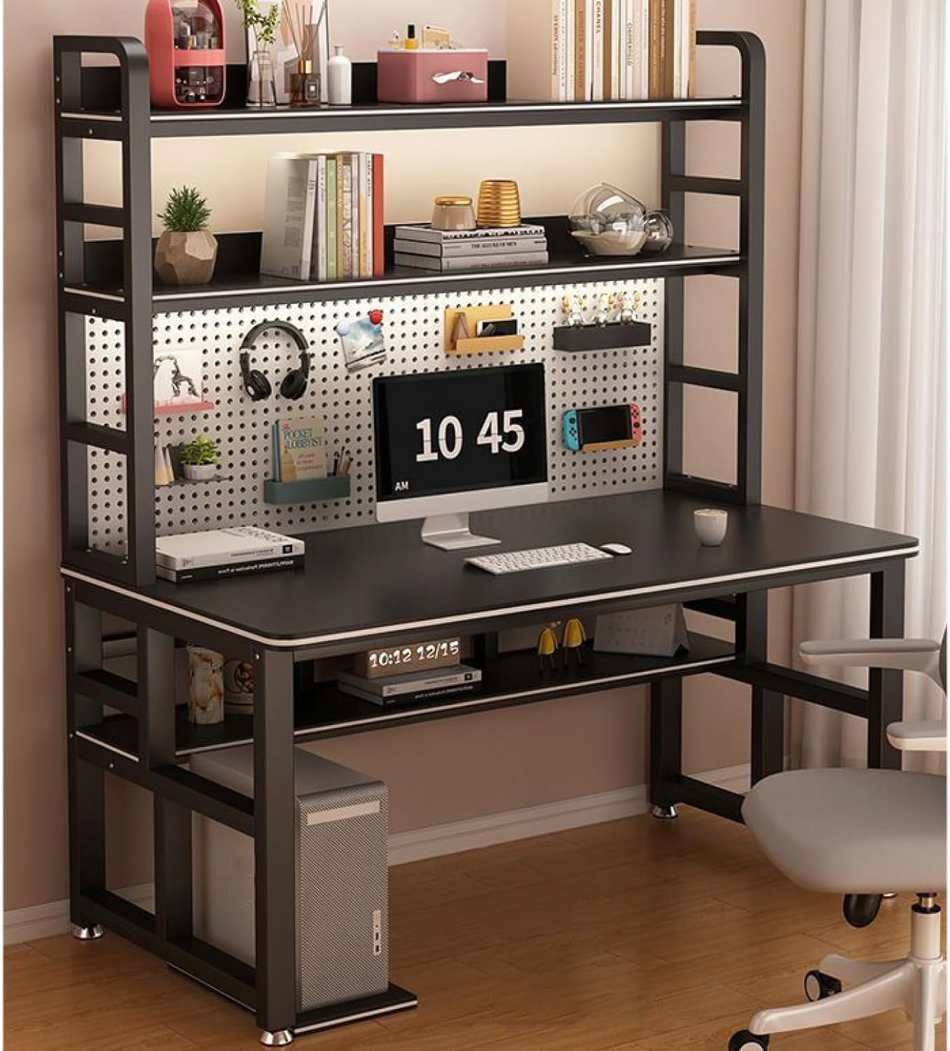 Generico Scrivania Moderna in Stile Industriale con Ripiani e Pannello Forato - Elegante postazione di Lavoro per L'Ufficio Domestico, Ideale per studiare, Scrivere e Lavorare in Modo produttivo.