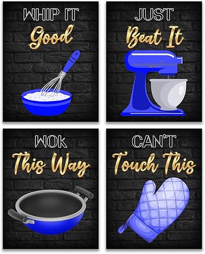 Set of 4 80s Retro Music Hit Songs Funny Sayings, Puns, and Quotes Sign Wall Art Prints for Kitchen, Dining, Cafe, Restaurant Decor (Blue, 8 x 10