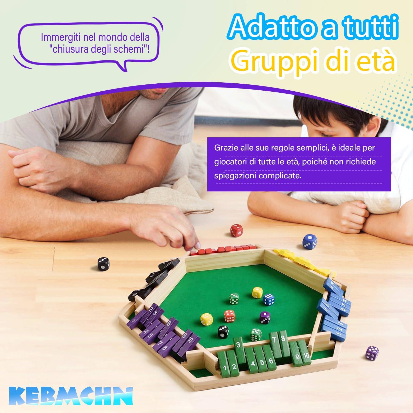 Shut The Box Gioco da tavolo – Gioco di dadi classico per fino a 6 giocatori – Gioco matematico tradizionale per serate in famiglia, Gioco da tavolo in legno (Multicolore)