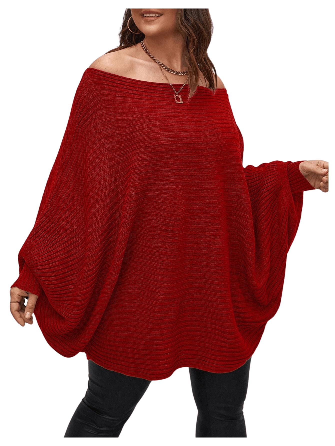 WDIRARA Womens Plus Size Off The Shoulder Long Sleeve Sweater Pullovers