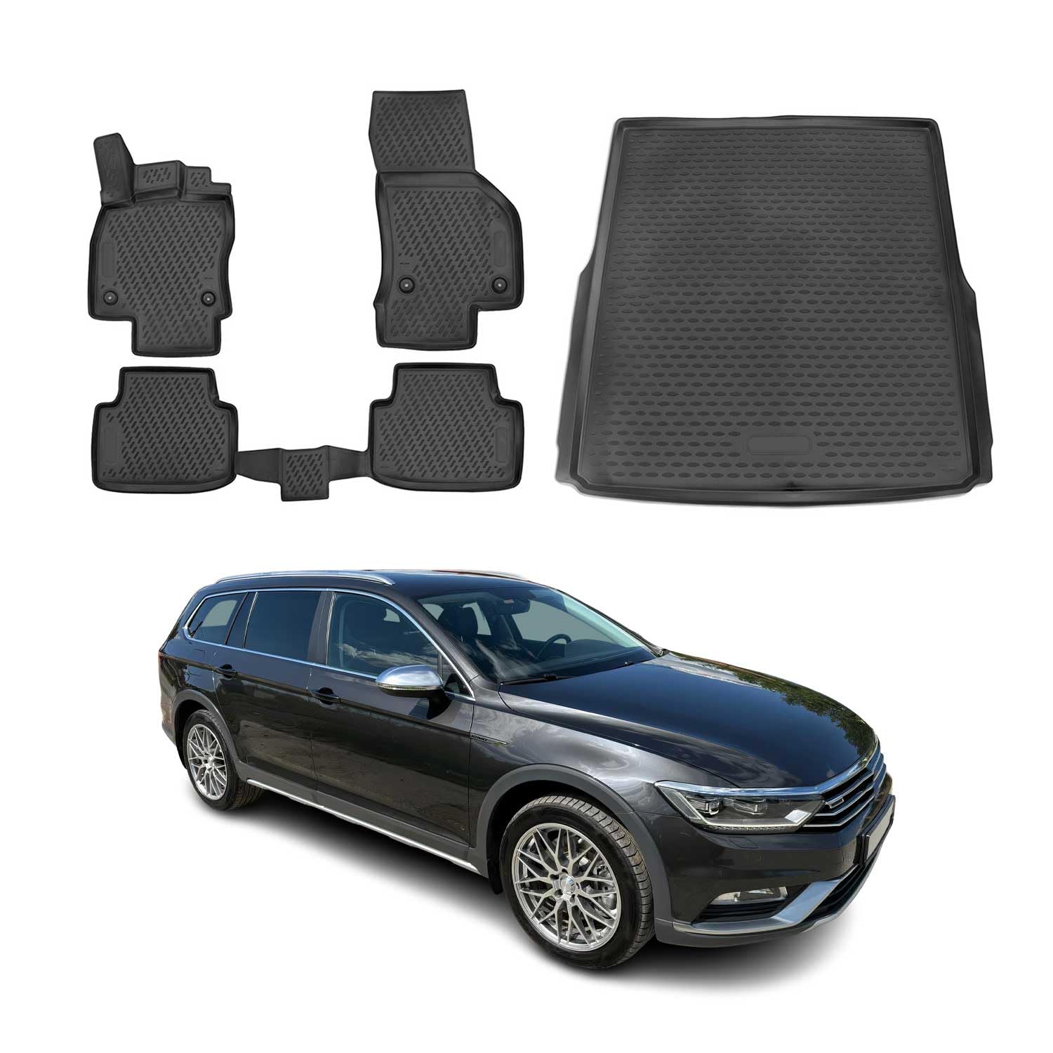 OMAC Fußmatten & Kofferraumwanne Set kompatibel mit VW Passat B8 Variant 2014-2019 TPE Schwarz