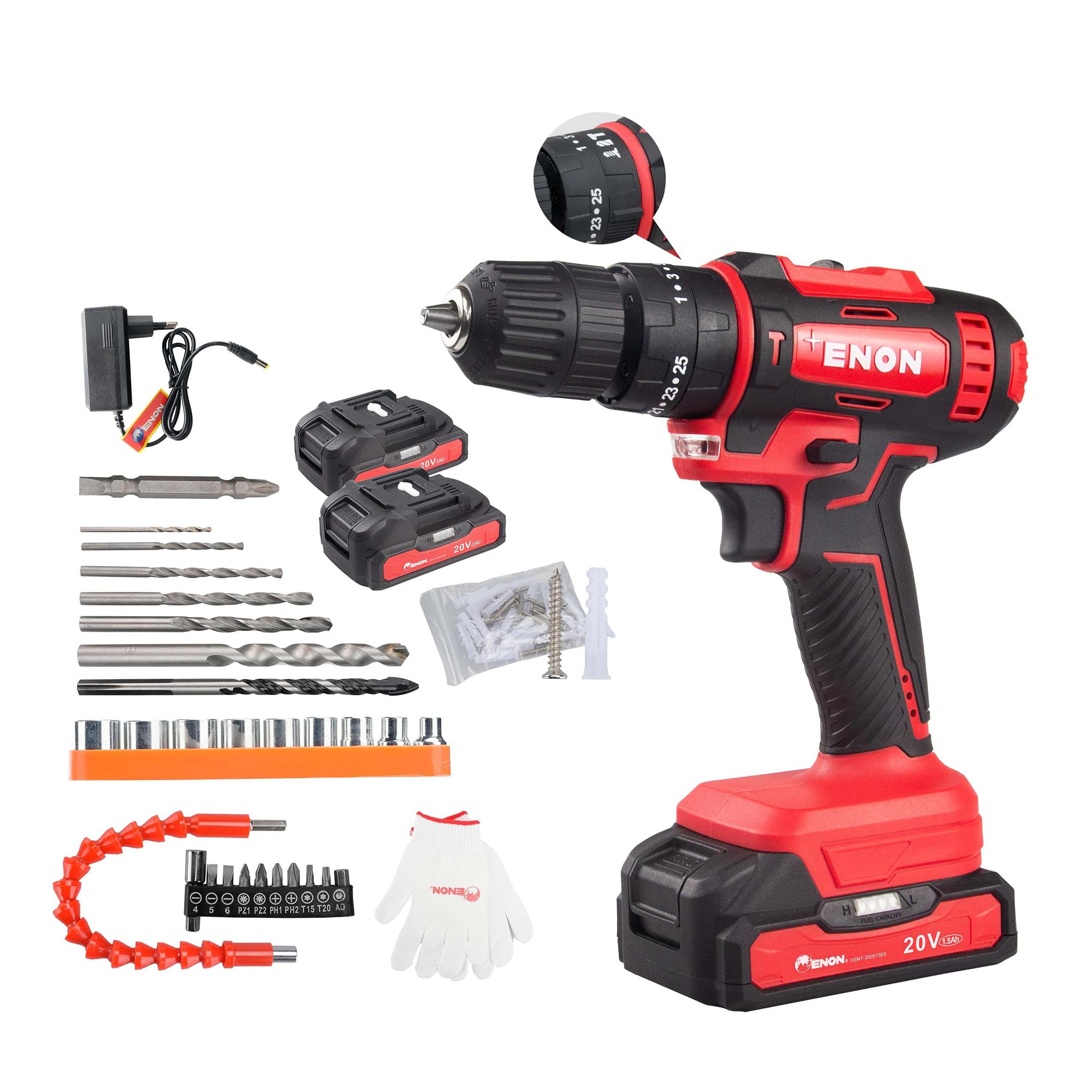 Enon Cordless Impact Drill Machine/Driver for Home Use, 20V, 1500Rpm, Keyless Chuck 10mm, 25 Level Torque, 2 Speed Modes, 3 Setting Modes, 74Pcs Drill Kit Wood, Metal, Concrete, Warranty (XE-CD2011)