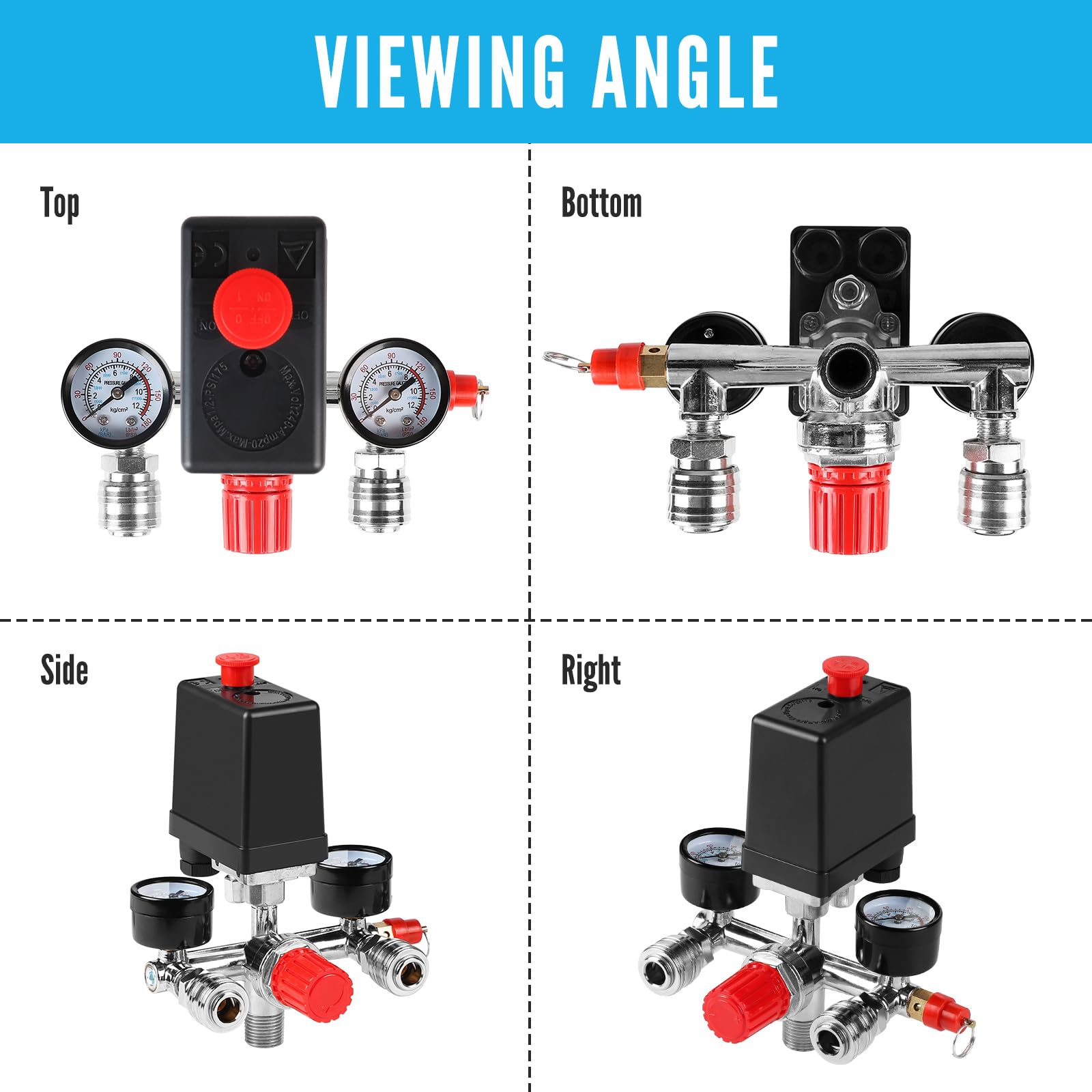 SWAWIS 240V Presostato Compresor Aire Interruptor de Presión Válvula para Compresor de Aire con Manómetro Válvula de Seguridad Acoplamientos, 90-120PSI, Rosca Exterior 1/2''(20mm)