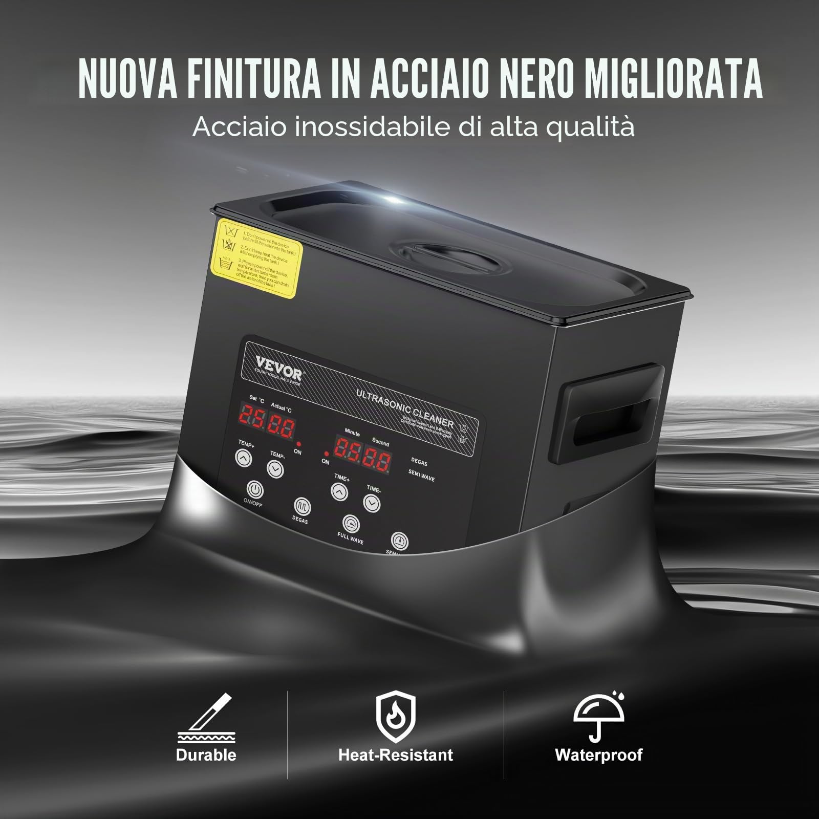 VEVOR Pulitore Digitale Ultrasuoni da 3 L 120 W, con Modalità Delicata Migliorato, Pulitore Ultrasuoni Industriale da 40 kHz con Riscaldatore e Timer per Contenitori, Gioielli 265 x 165 x 240 mm