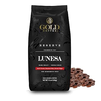 Gold Coffee Co. Lunesa Premium Blend - Dark Roast, Whole Bean 100% Arabica Coffee - Notes of Dark Cocoa, Roasted Nuts, Brown Sugar, 12 oz.