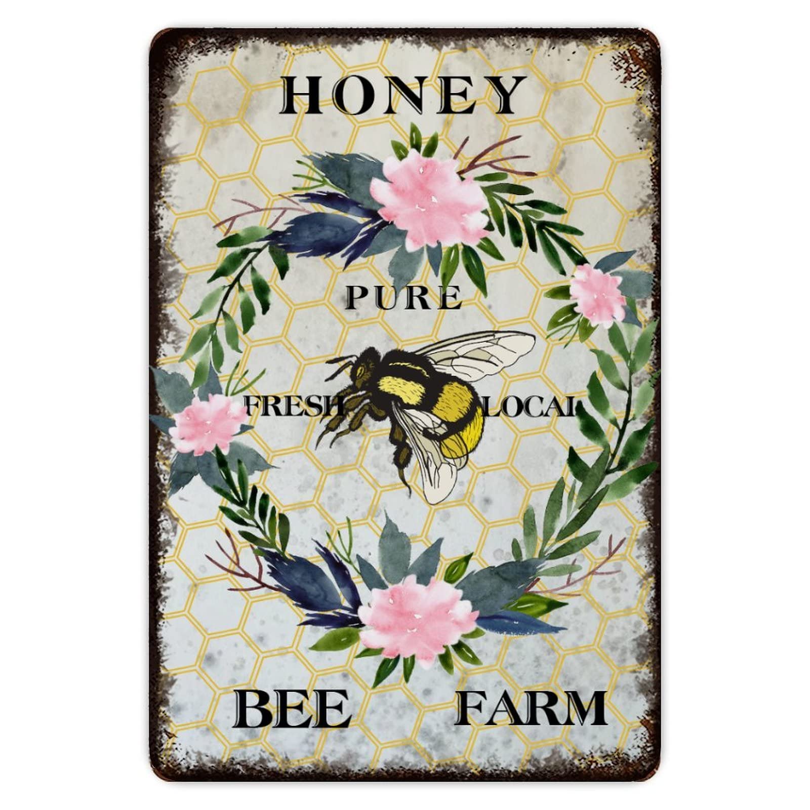 ENEDNATE Bee Farm Honey Flower Wreath Aluminum Sign 8x12 inch Vintage Metal Tin Sign Home Decor for Club Bar Garden Kitchen Restaurant