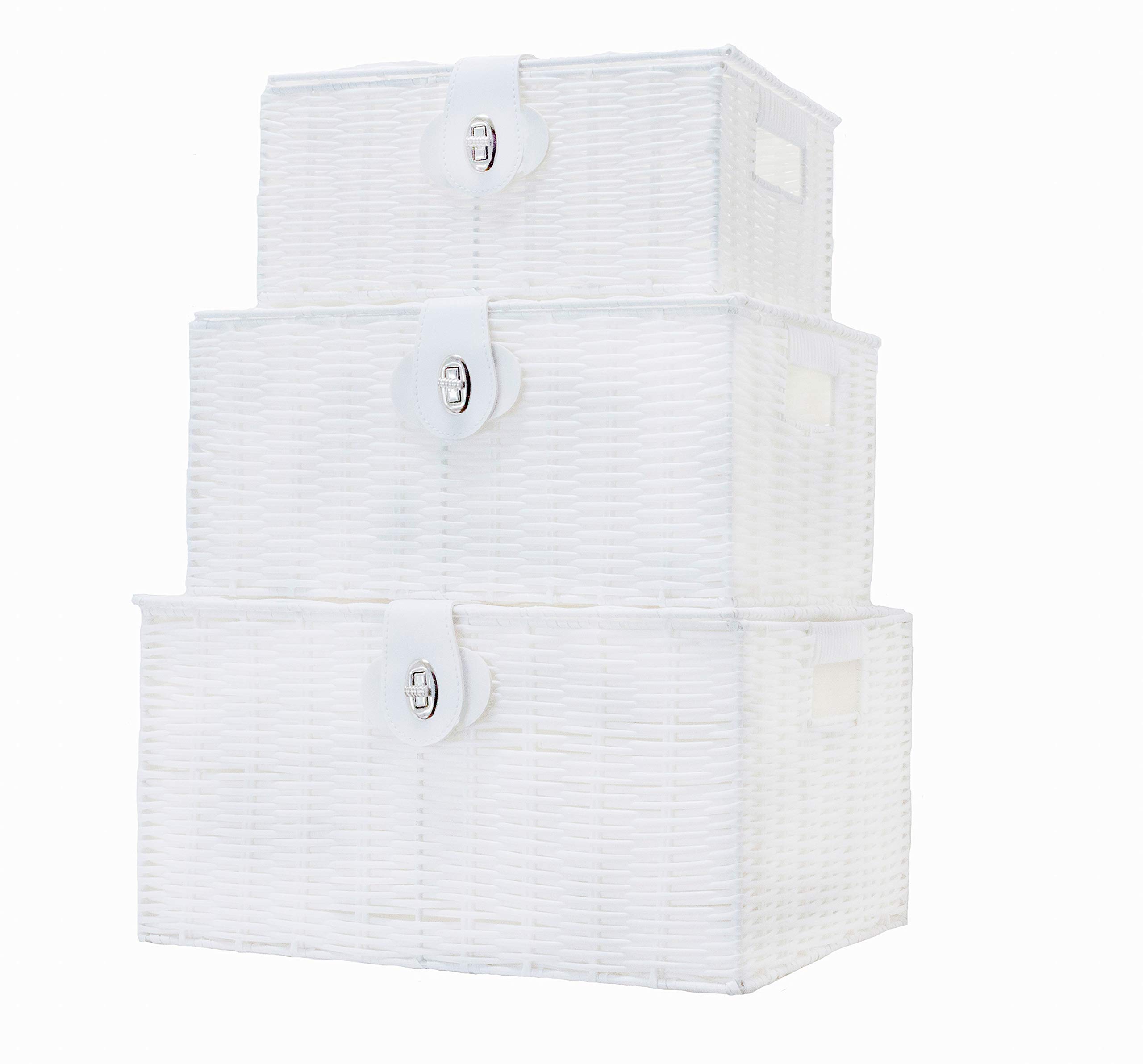 Vencier Set of 3 Resin Woven Storage Basket Box with Lid & Lock, White, Large, Medium, Small (White)