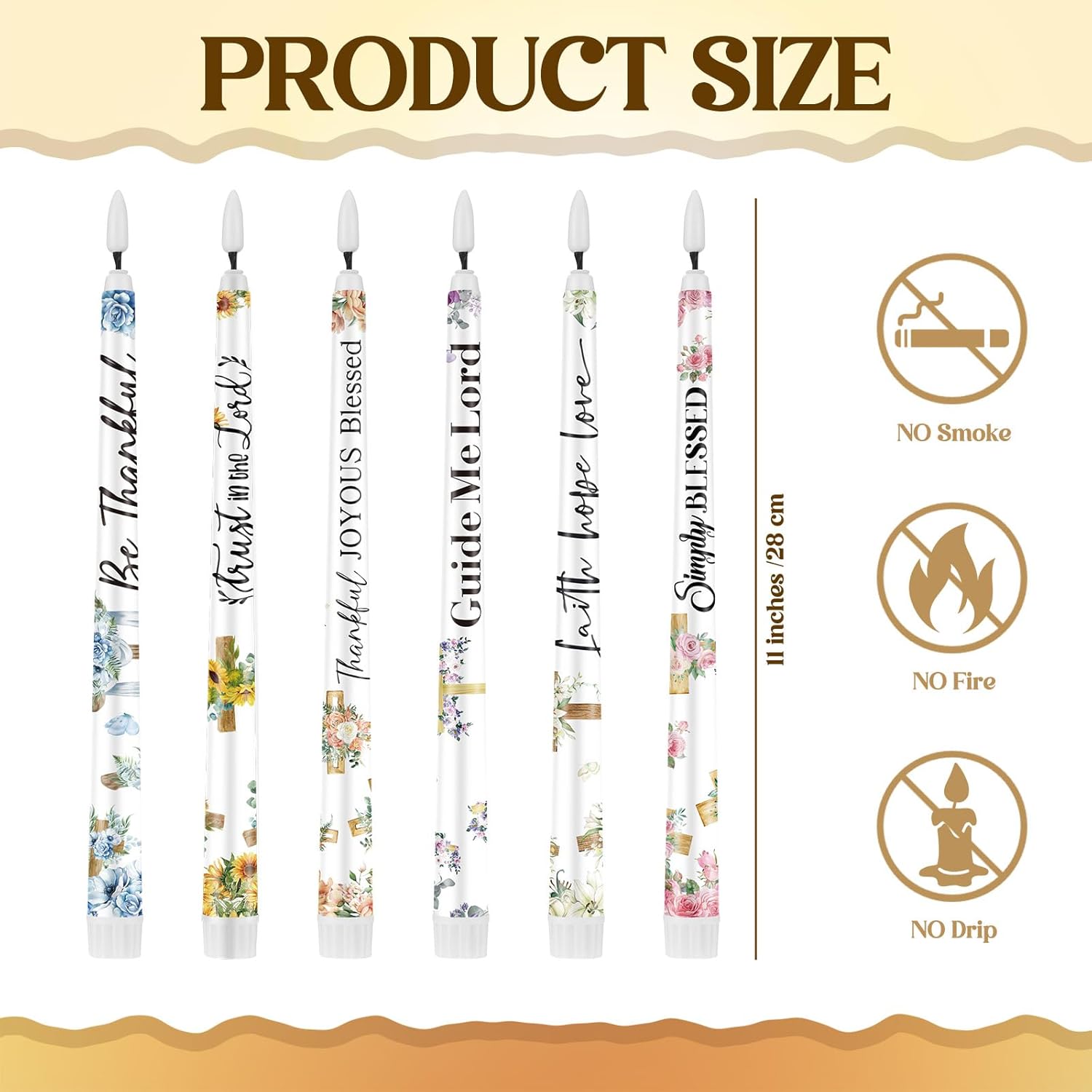 Flutesan 6 Pcs Christian Bible Candle 11 Inch Flameless LED Taper Operated Candle with Floral Scripture for Christmas Church Wedding Table Center Home Decor, Battery Not Included(Cross Flowers)